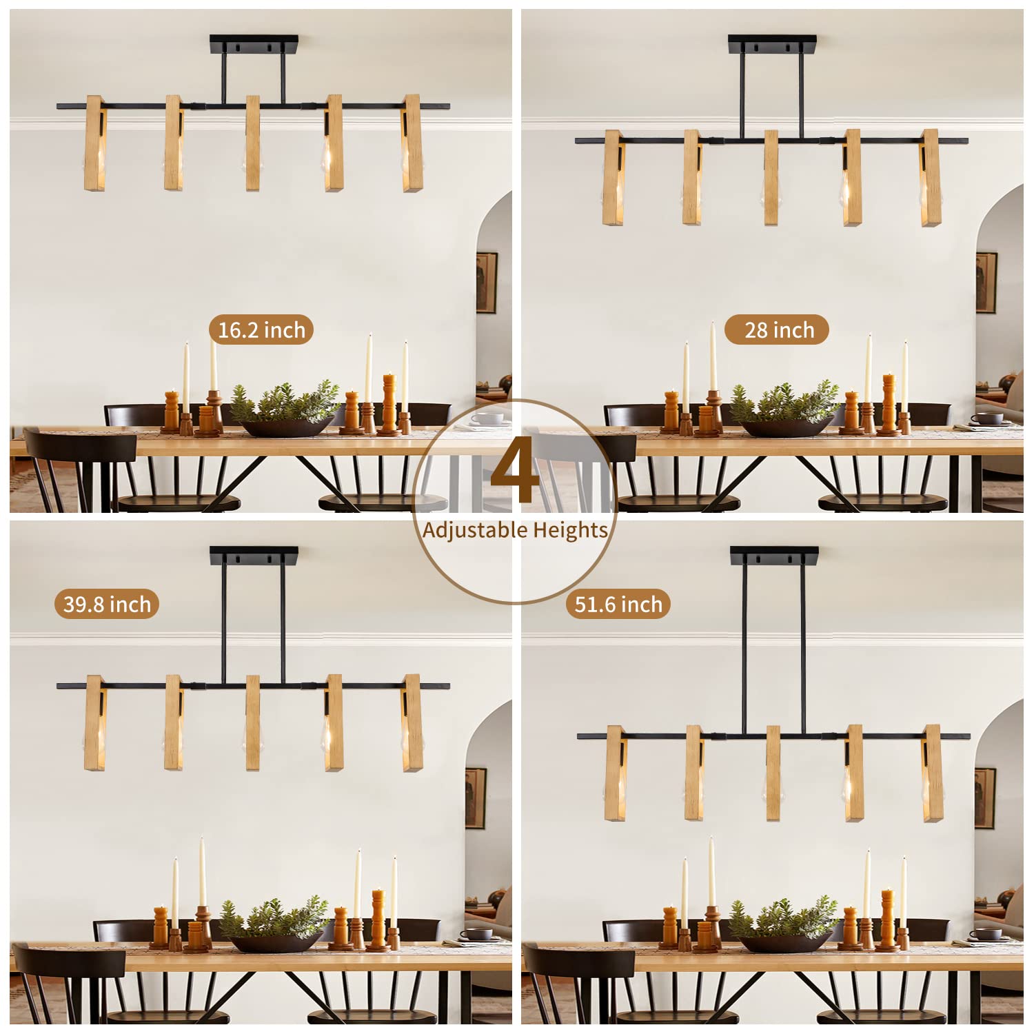 Farmhouse Kitchen Island Lighting Black Chandeliers for Dining Room Wooden Island Lights,Industrial Rectangle Light Fixtures Ceiling Hanging (4 Lights)