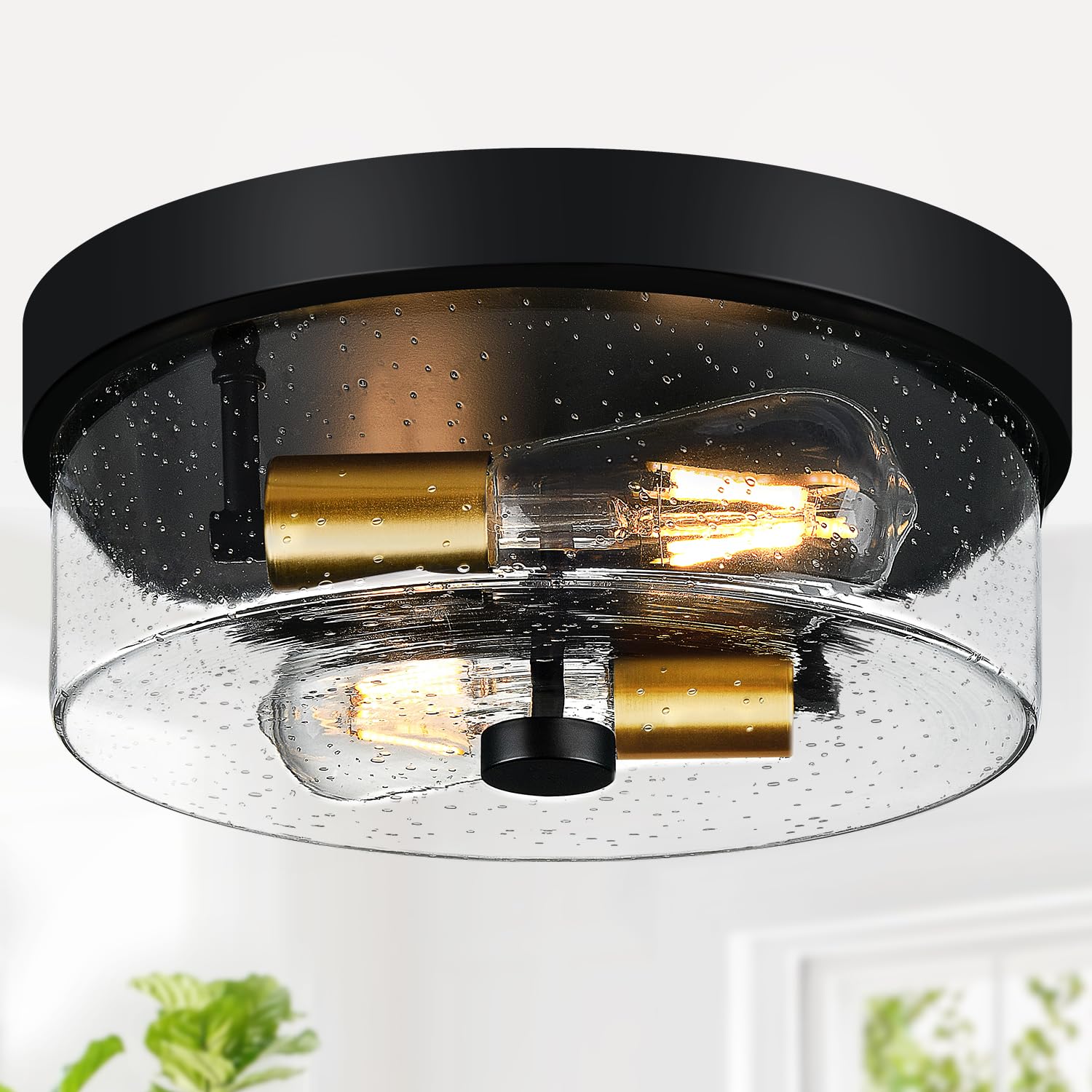 Black Flush Mount Ceiling Light Fixtures, 2-Light Ceiling Mount for Farmhouse with Seeded Glass Lampshade, Industrial Flush Mount Light Fixture Farmhouse for Hallway, Kitchen, Entryway and Foyer