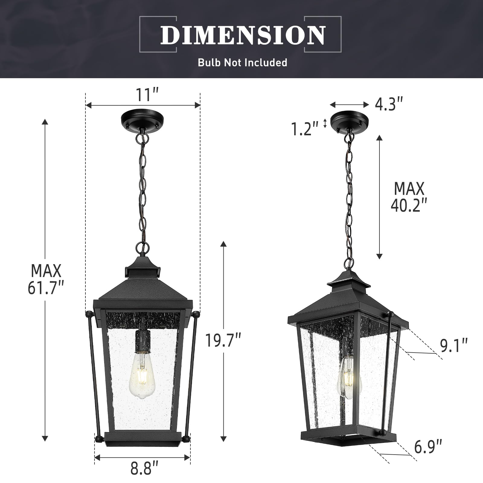 20 Inch Outdoor Pendant Lights for Porch, Modern Outdoor Hanging Porch Light, Die-Cast Aluminum with Seeded Glass, Black Finish, ZW105H-M BK