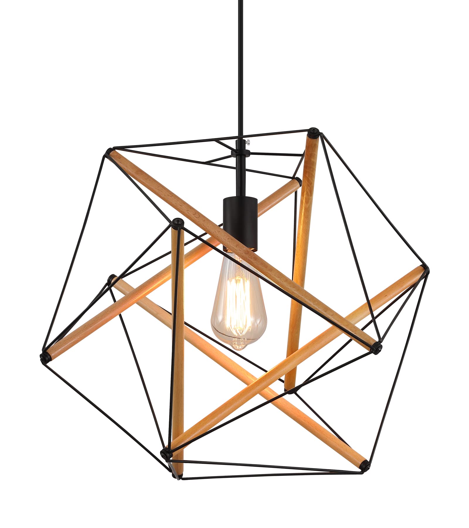 Black Geometric Art Deco Hanging Pendant Light Metal and Wood Modern Industrial Chandelier Light Fixture for Dining Room Kitchen Island Arts Center Yoga Studio,Need Assemble UL Listed