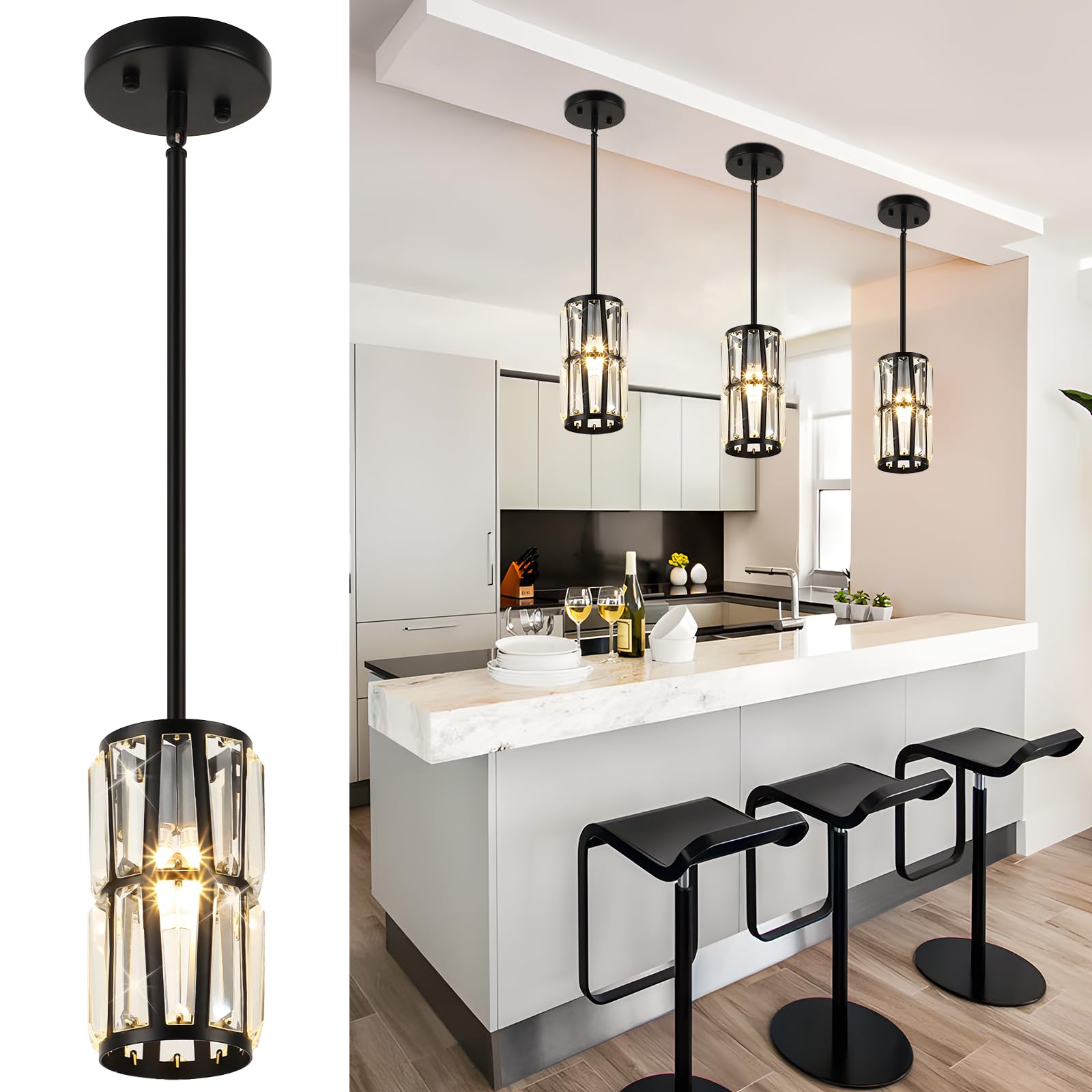 WILON Industrial Pendant Lighting, Pendant Lights for Kitchen Island 3 Light Glass Pendant Light Fixture with Seeded Glass Shade, Adjustable Cord Farmhouse Ceiling Light Black finish Linear Chandelier