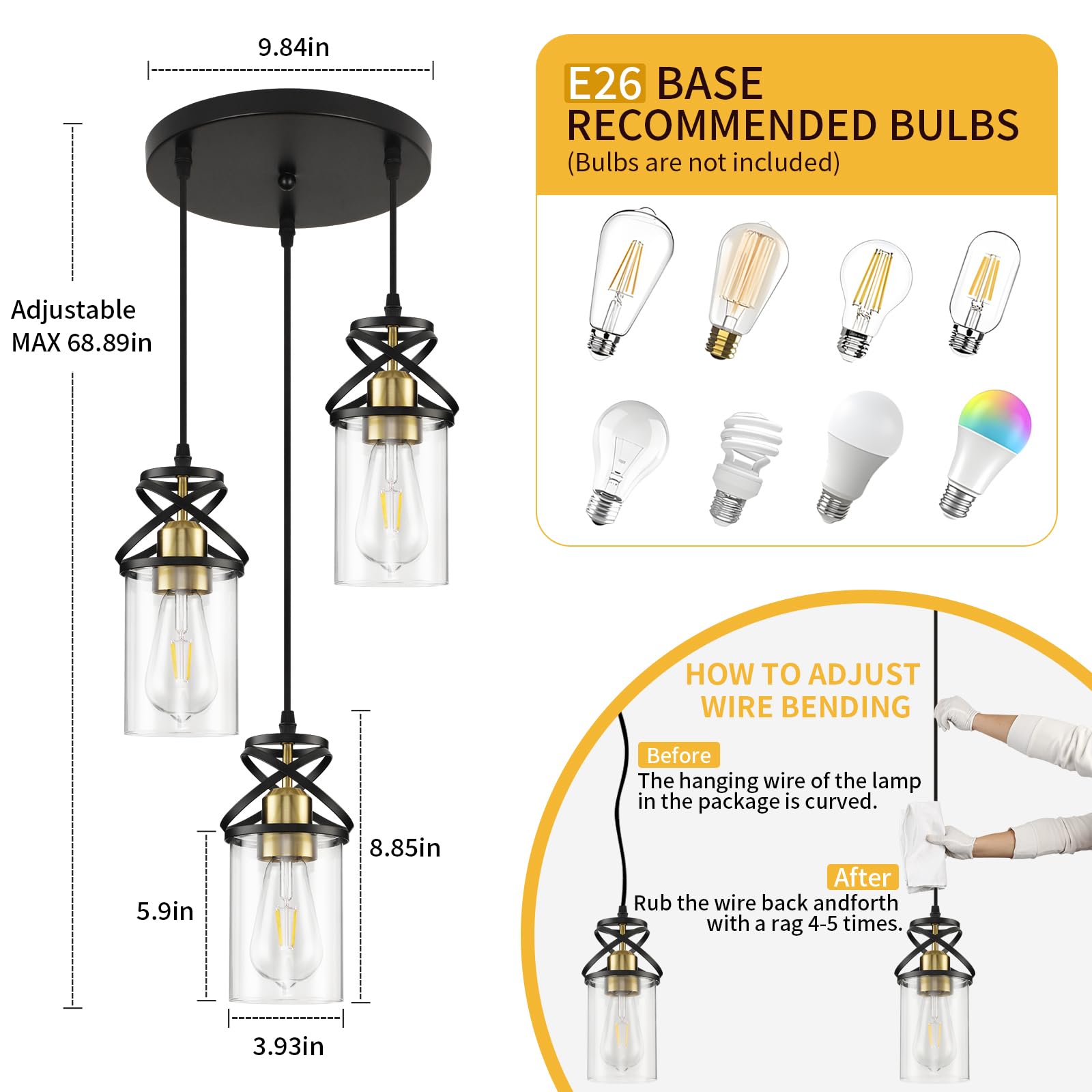 Modern Pendant Light Fixture Farmhouse Hanging Light with Clear Glass Shade, Industrial Black and Gold Pendant Lighting for Kitchen Island Dining Room Bedroom