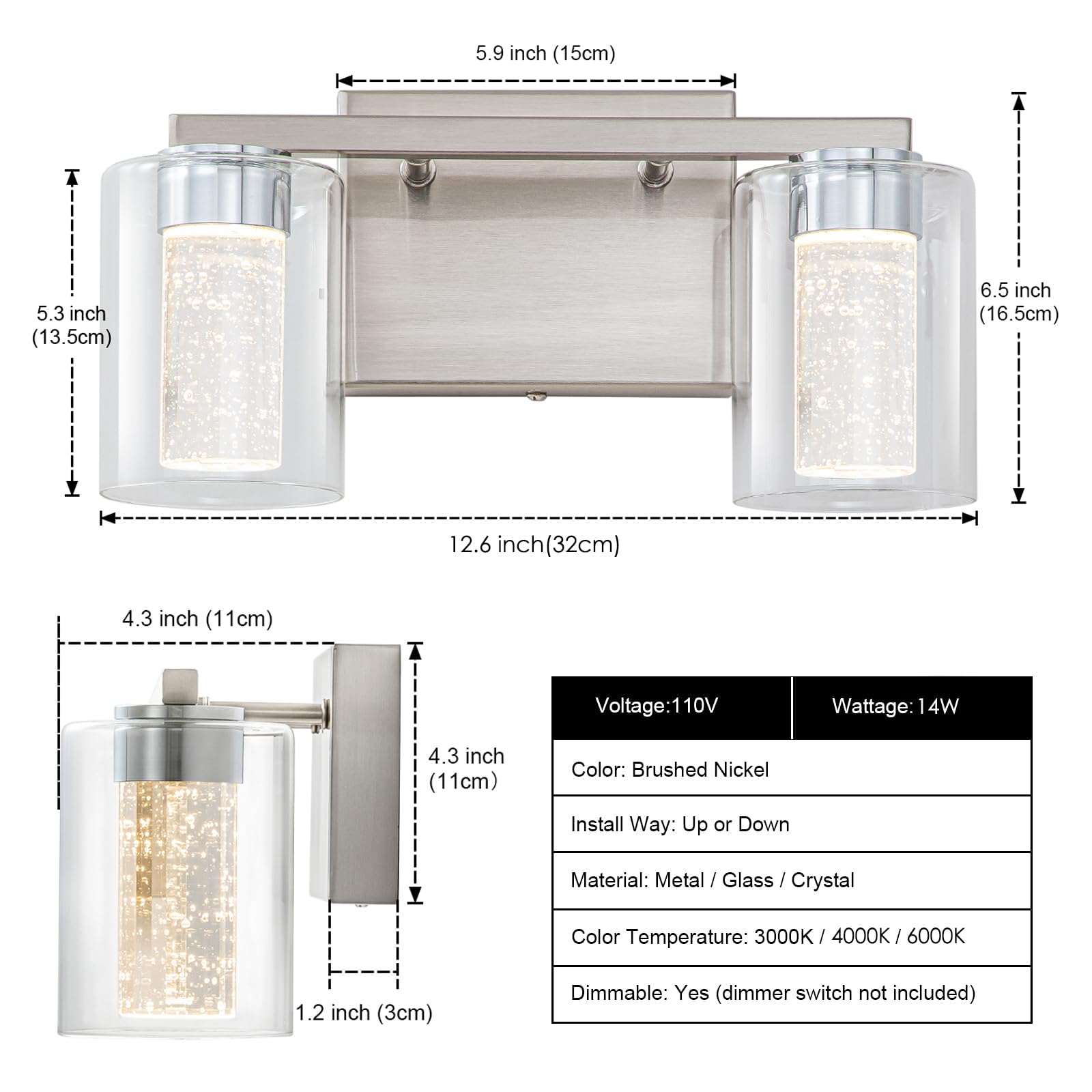 2-Light Brushed Nickel Vanity Light with 3 Color Modes (3000K/4000K/6000K), Eye Protection LED Bathroom Light Fixture, Dimmable Modern Wall Light Over Mirror with Clear Glass Shade