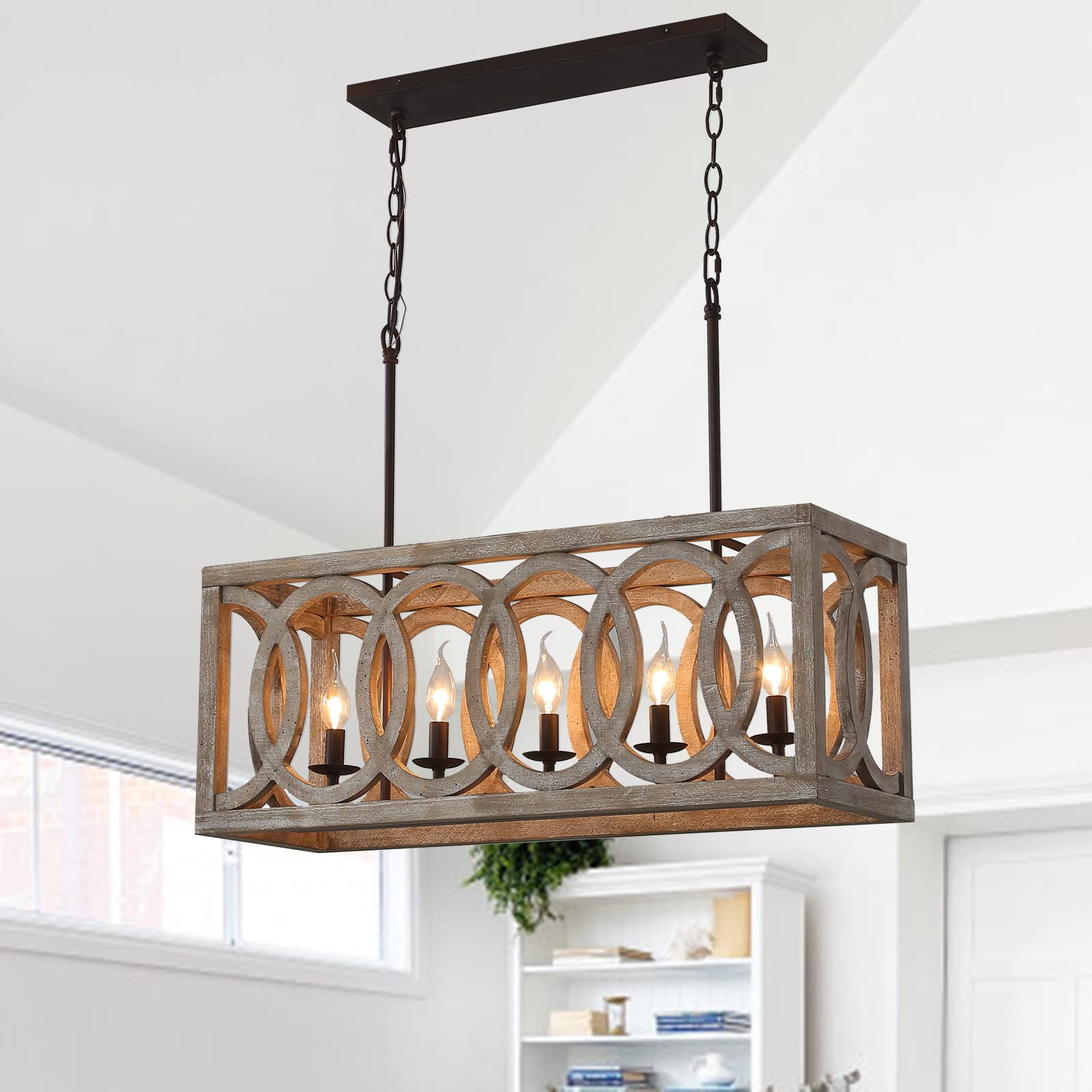 4-Light Farmhouse Wood Chandelier Lights Fixture for Dining Room, Rustic Vintage Antique Wooden Chandeliers Square Hanging Ceiling Pendant Lighting Fixtures for Kitchen Island, Entryway