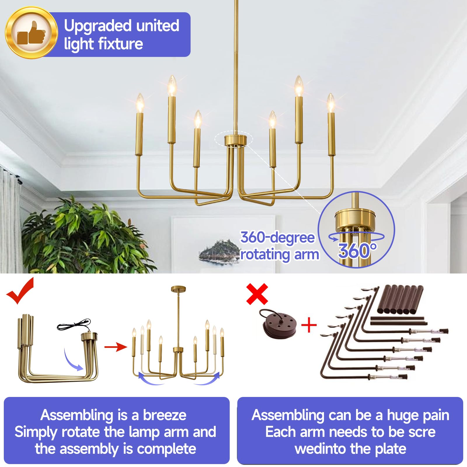 Gold Chandeliers, 6-Light Metal Candle Farmhouse Chandeliers, Rustic Industrial Modern Chandeliers Lighting Fixtures Hanging for Living Room, Kitchen, Bedroom, Dining Room(Bulbs are not Included)