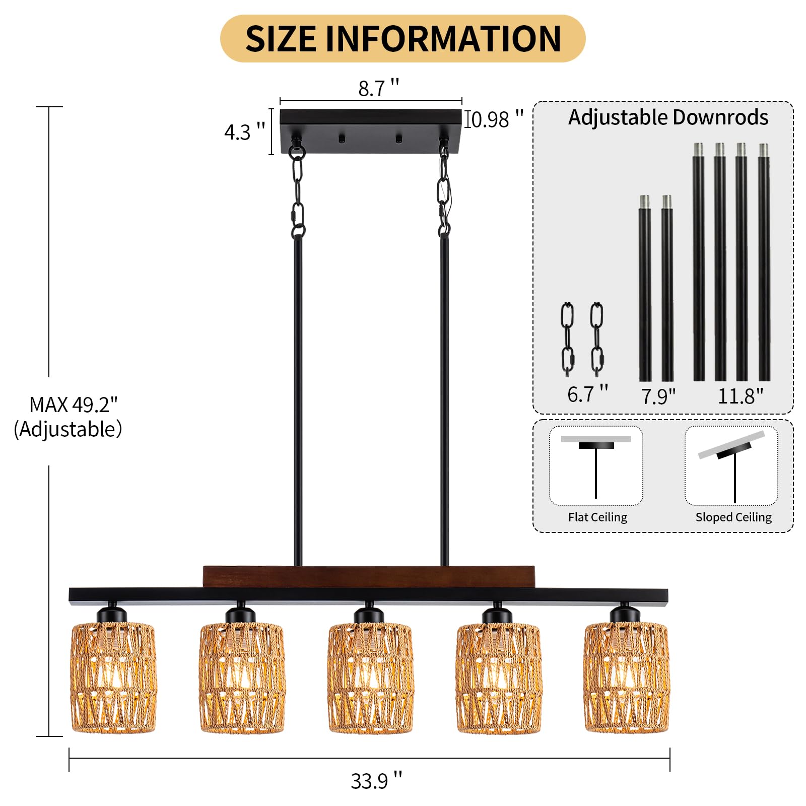 Rattan Kitchen Island Light Fixture, 5 Lights Boho Rectangle Pendant Lights for Dining Room, Farmhouse Chandeliers Over Table, Modern Ceiling Hanging Kitchen Light Fixtures, Height Adjustable