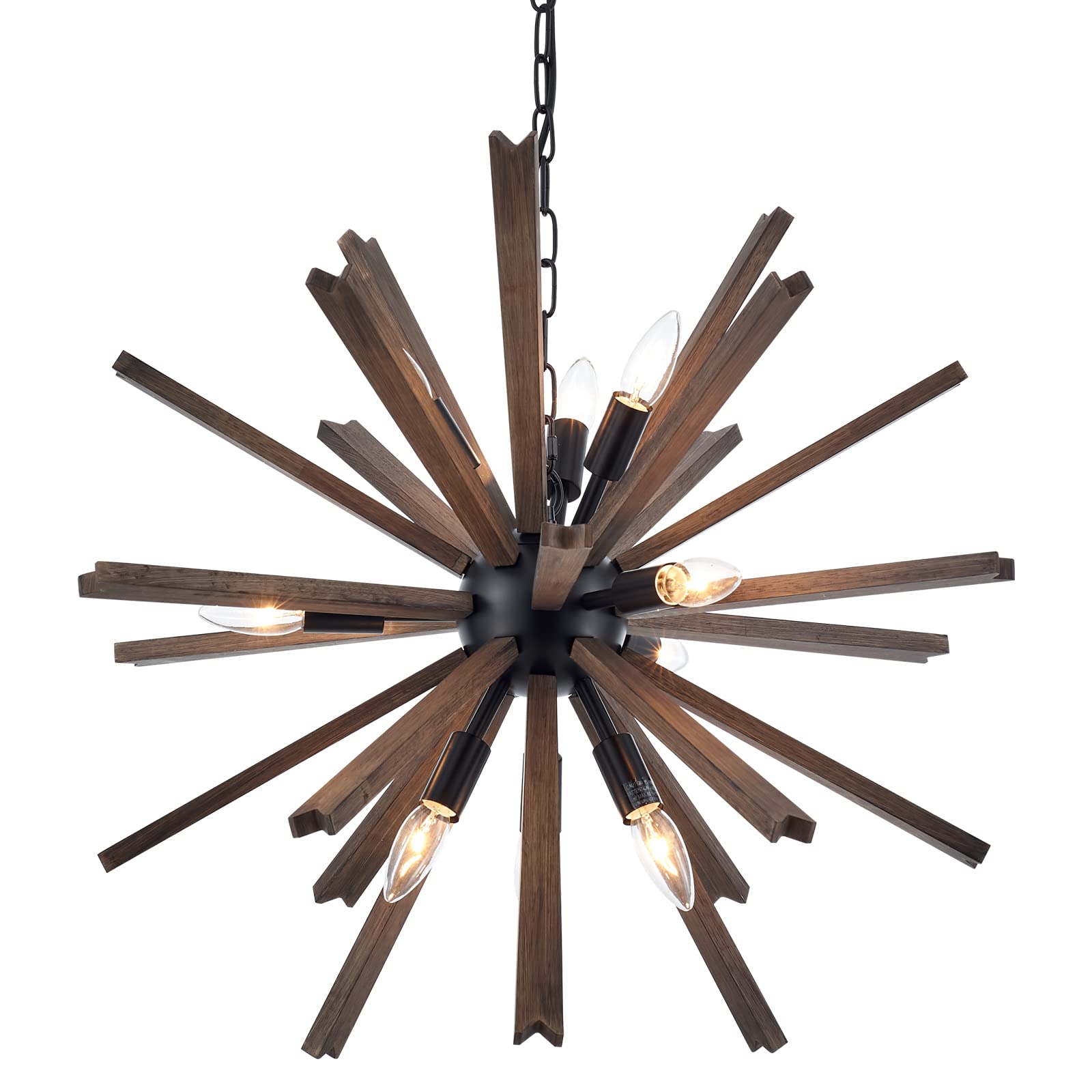 9-Light Sputnik Pendant Light Black, Farmhouse Wood Chandelier for Dining Room Industrial Hanging Light Fixture Ceiling for Bedroom Entryway Kitchen Foyer Living Room