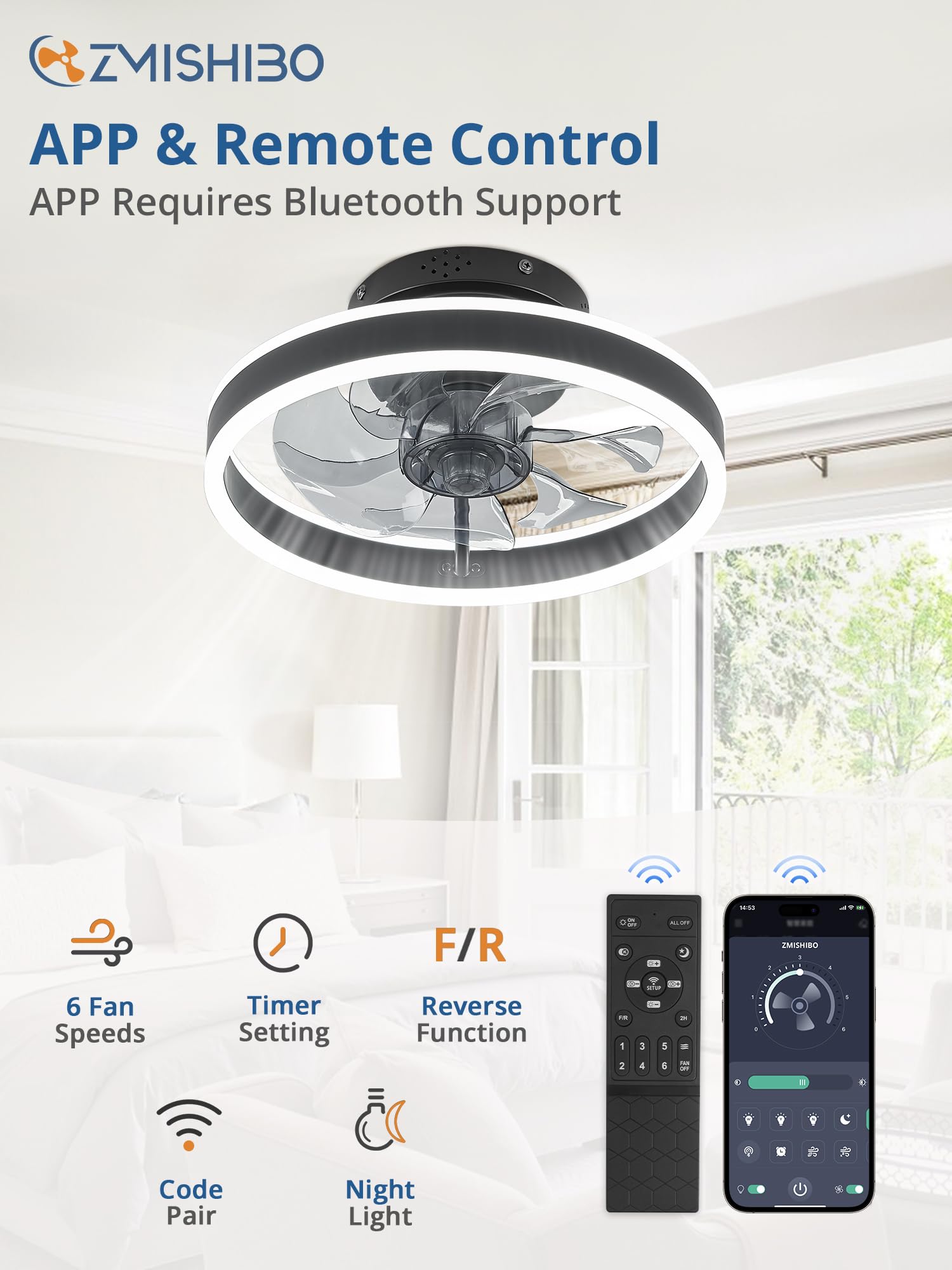 Low Profile Ceiling Fans with Lights and Remote, Modern Flush Mount Ceiling Fan, Dimmable Bladeless LED Small Fan Light, 13 Inch Fandelier Ceiling Fan with Light for Bedroom, Black