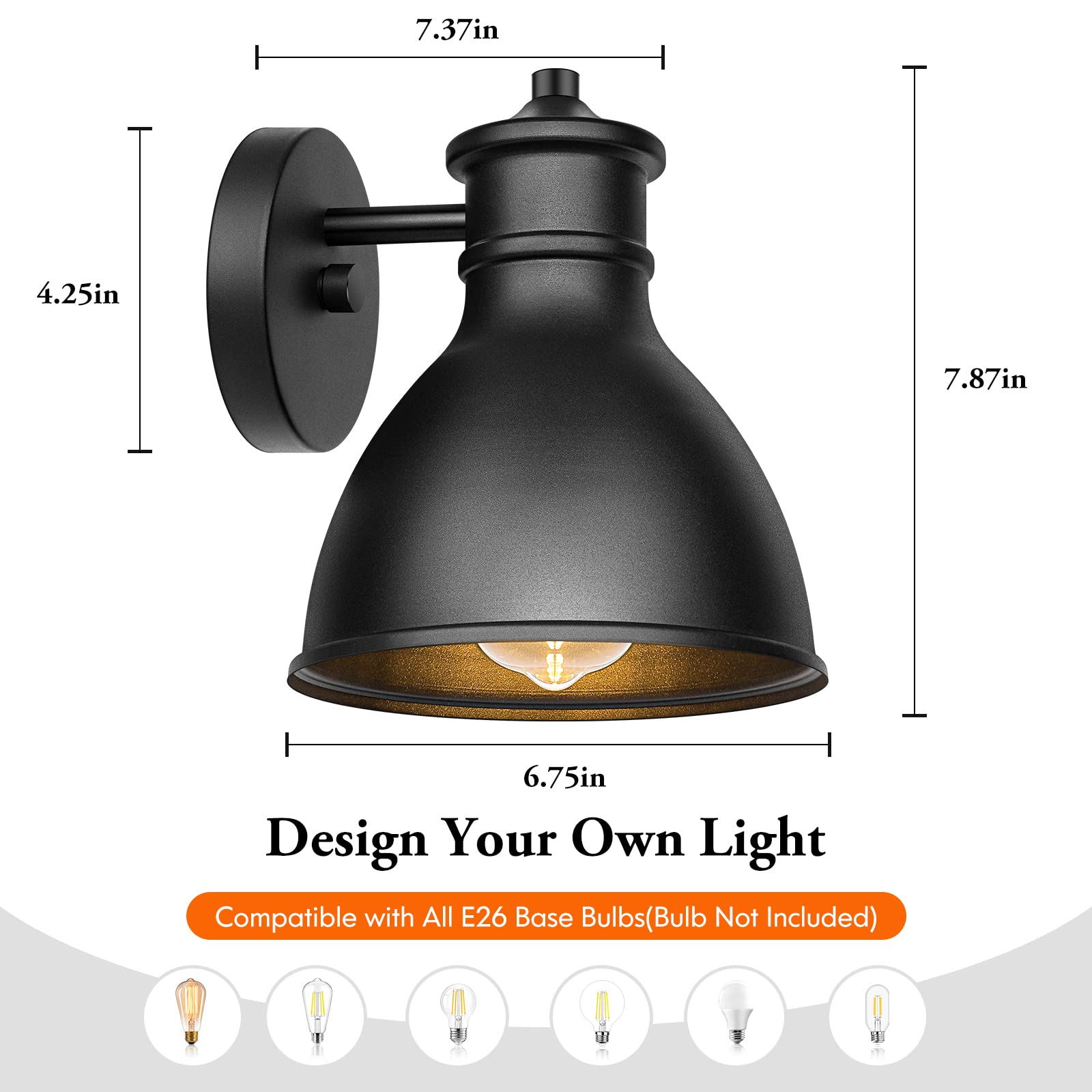 Outdoor Light Fixtures, 2-Pack Farmhouse Barn Lights for Porch, Industrial Black Exterior Wall Sconce for Garage, Patio, E26 Base Anti-Rust, Bulb not Included