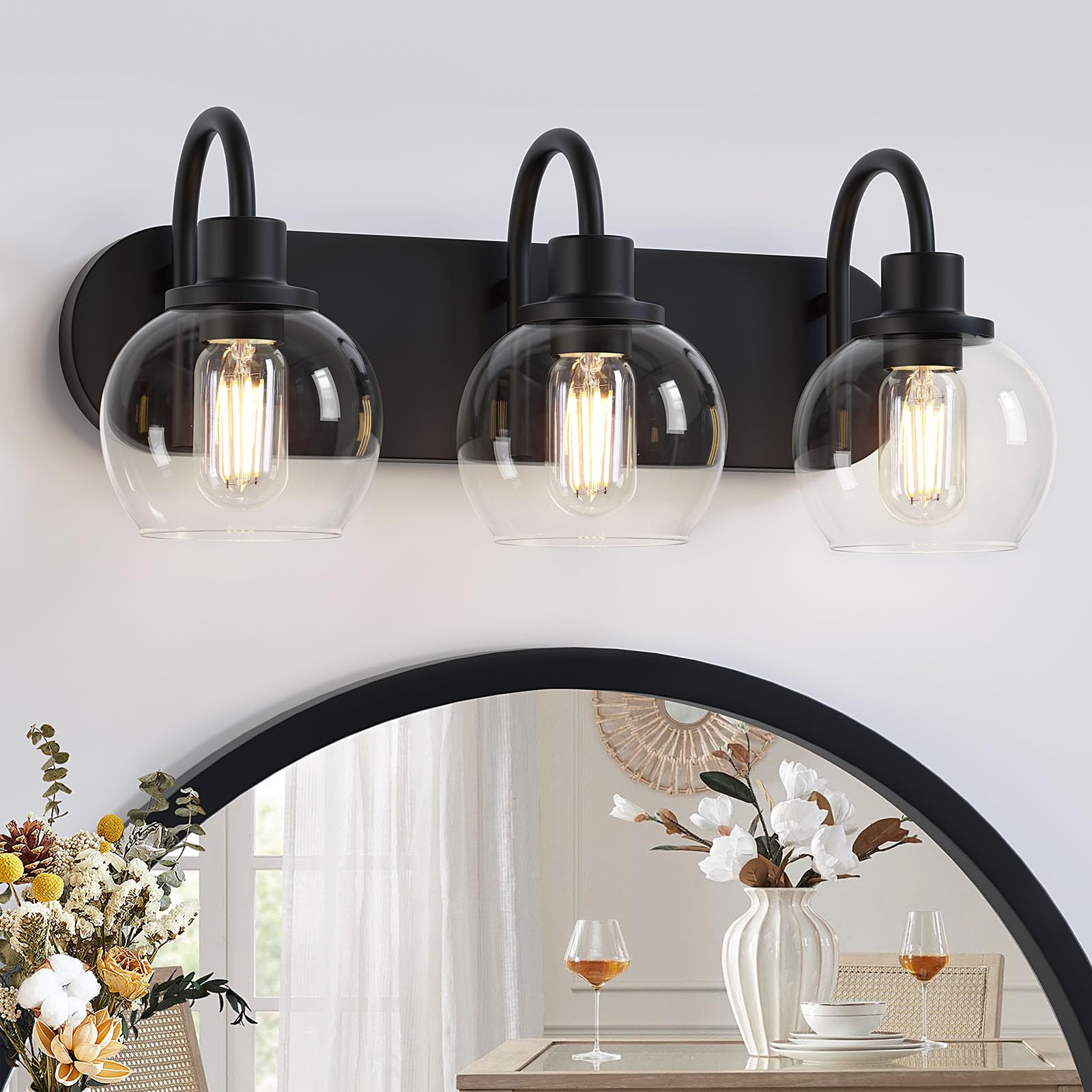 Industrial Bathroom Vanity Light， 4-Light Bathroom Lights Over Mirror with Clear Glass Globe Shade and Metal Base, Matte Black Bathroom Vanity Light Fixture