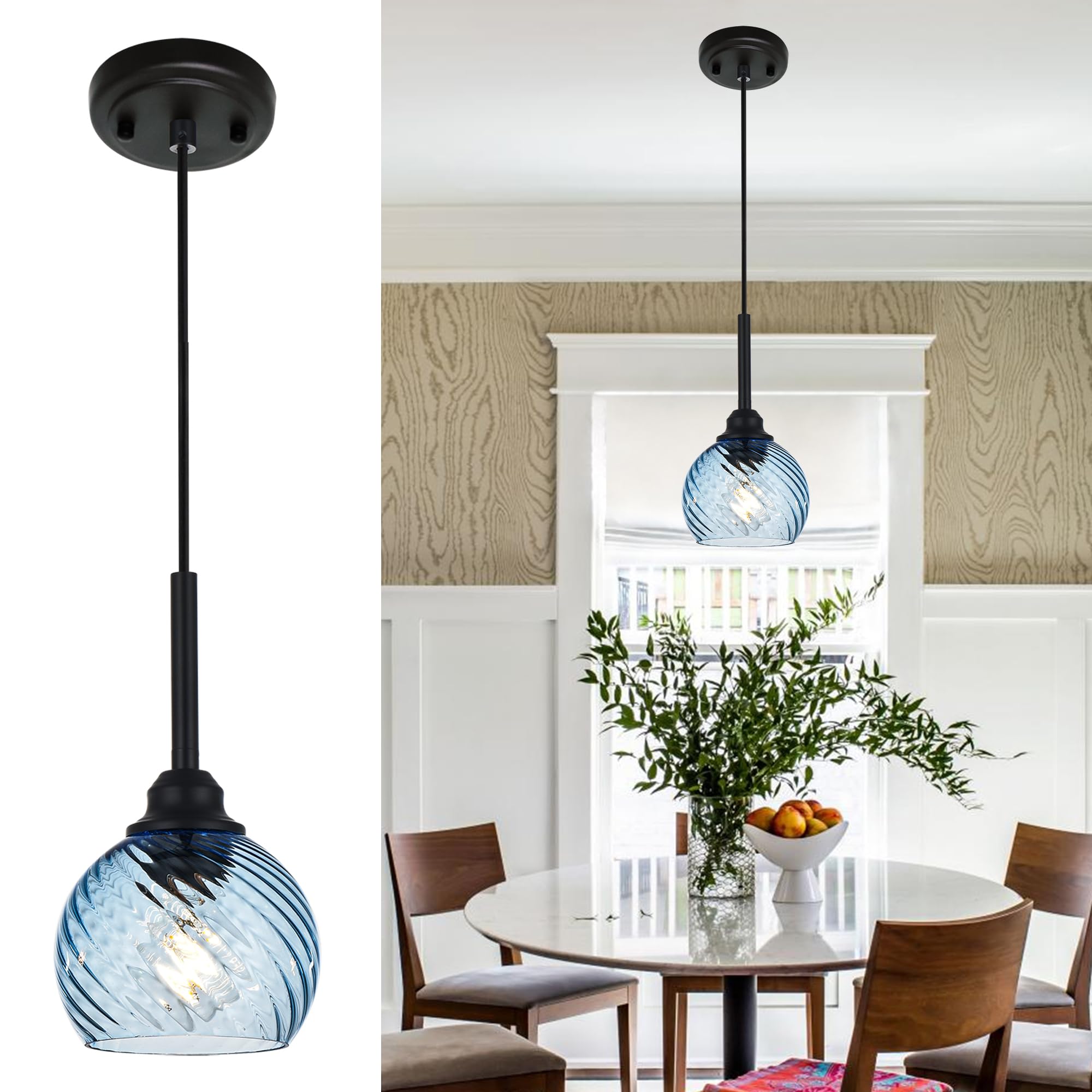 3 Light Island Lights for Kitchen with Striped Swirl Globe Glass, Black Linear Hanging Pendant Light Fixture Farmhouse Chandelier for Dining Room Bar Living Room