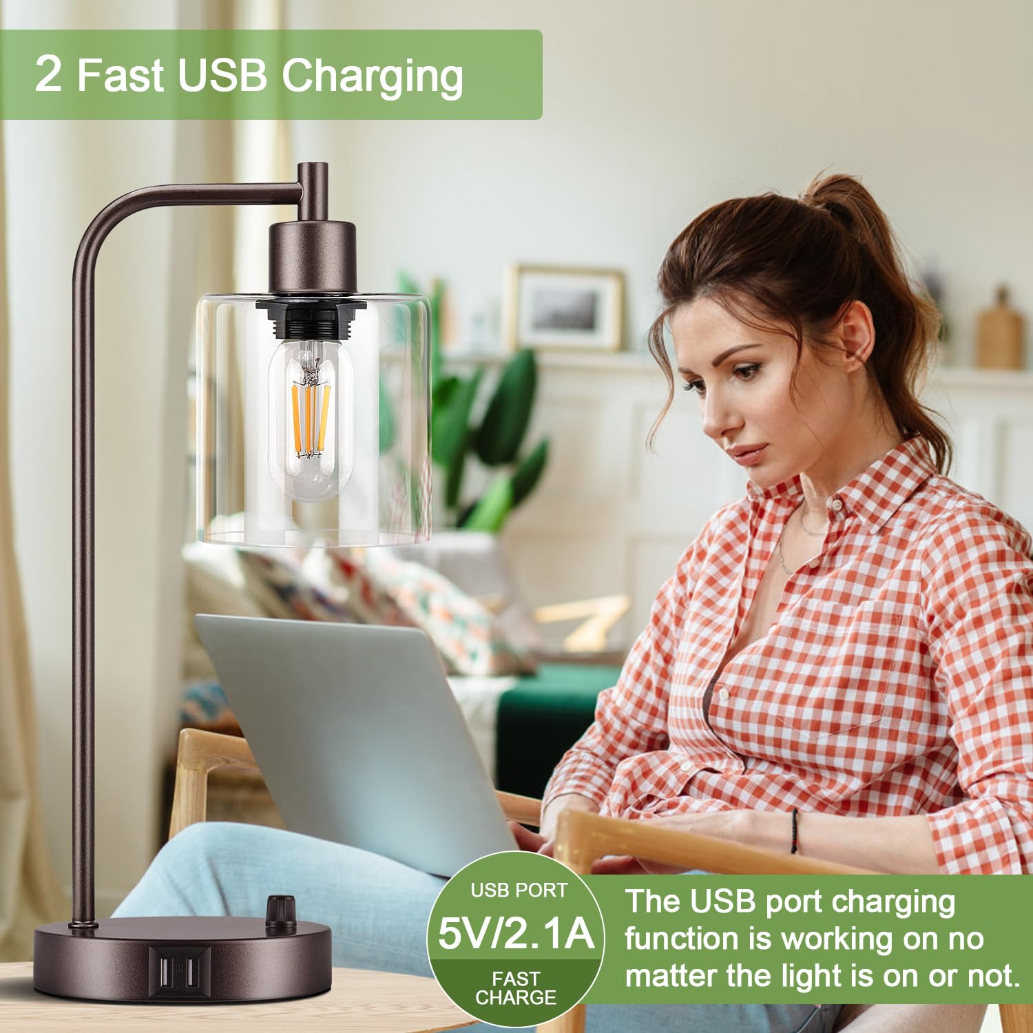 Industrial Table Lamp with 2 USB Charging Ports, Fully Stepless Dimmable Modern Nightstand Lamp, Glass Shade Bedside Desk Lamp for Bedroom Living Room Office, 6W 2700K LED Edison Bulb Included