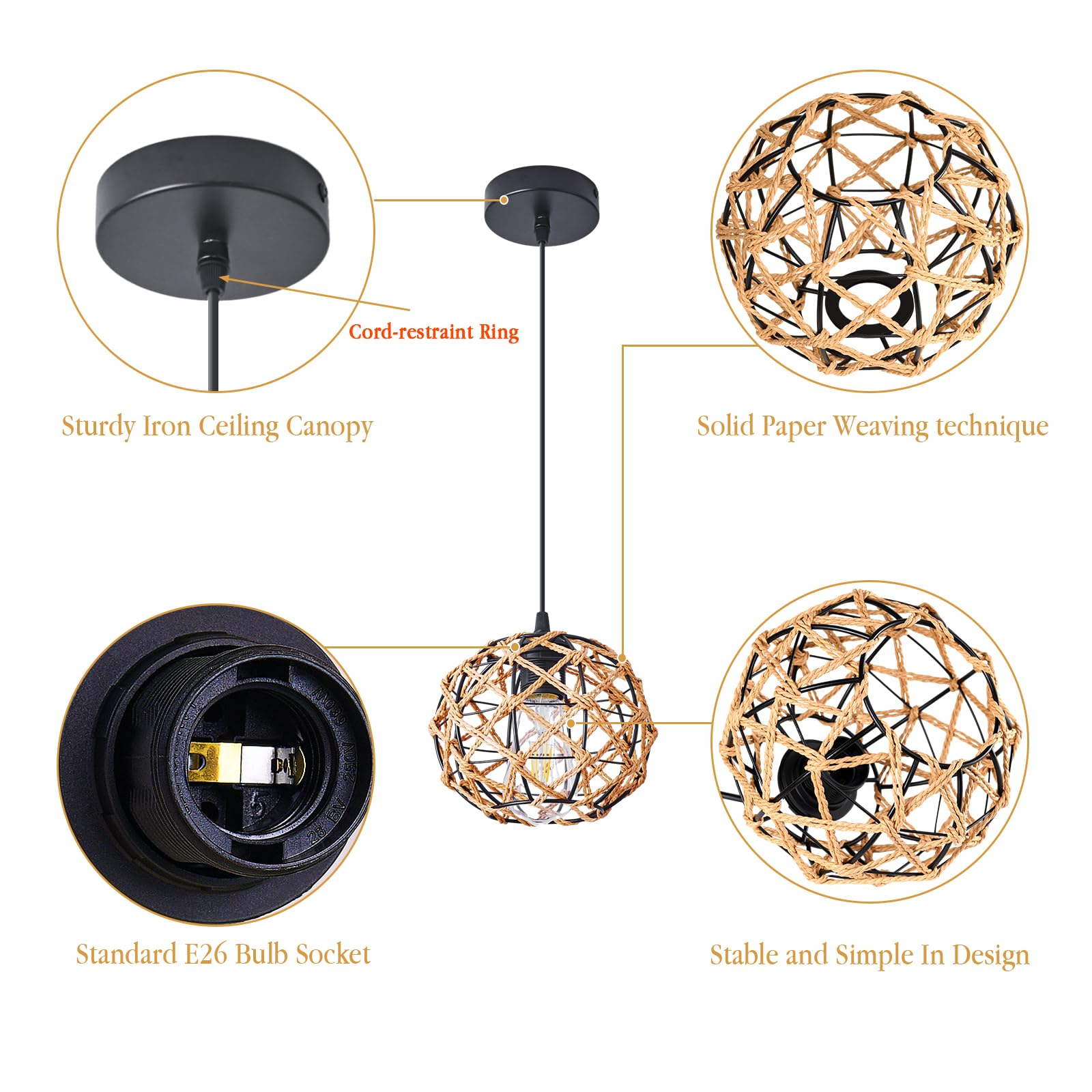 Pendant Light Fixture, 1Pack Rattan Kitchen Island Pendant Lights Black Retro Lantern Indoor Lighting for Dining Room Entryway Hallway