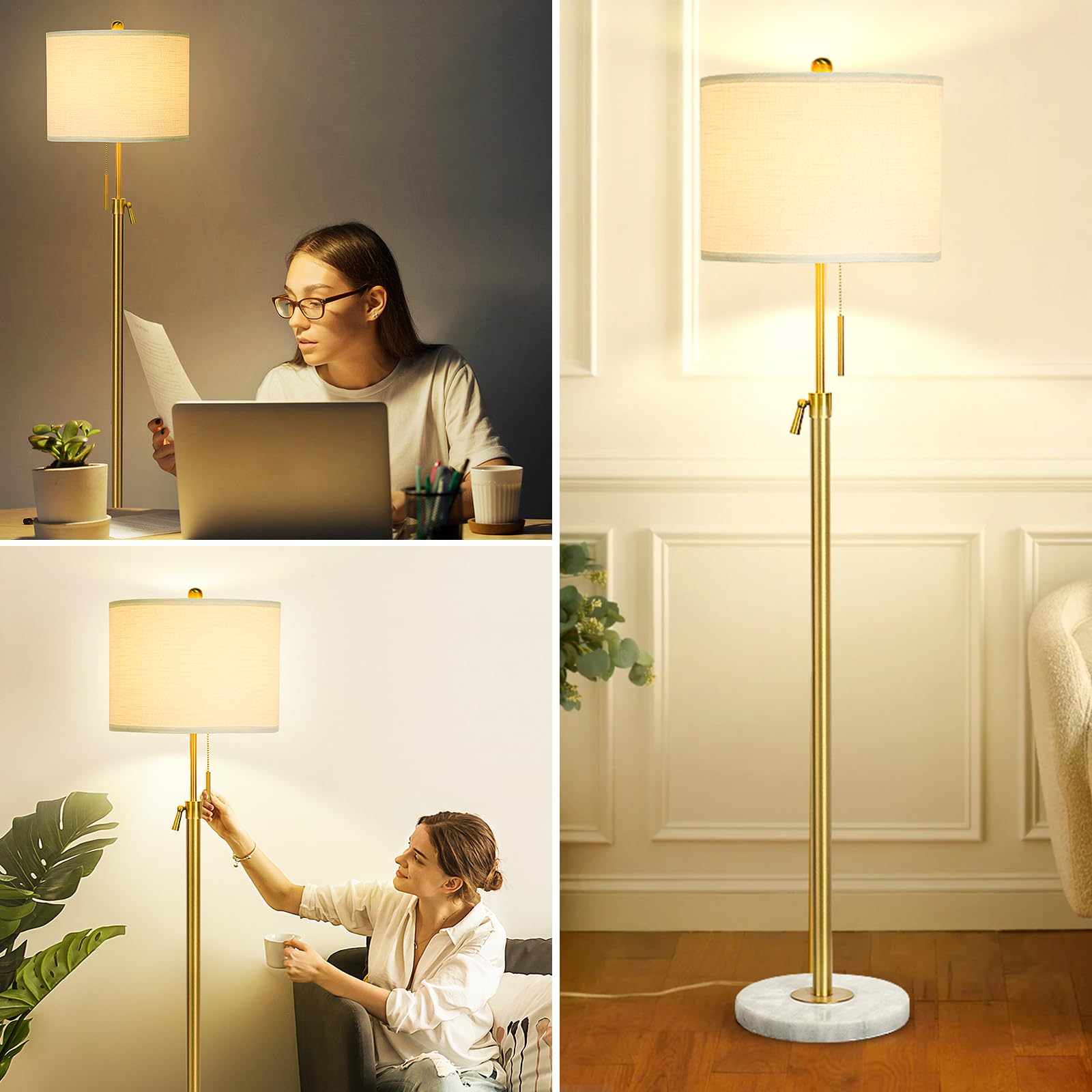 Floor Lamp for Living Room Adjustable Tall Standing Lamp, 3-Way Dimmable Floor Lamp for Bedroom Office, Black Gold Lamp with Marble Base and White Linen Shade, 6W 3000K LED Blub Included