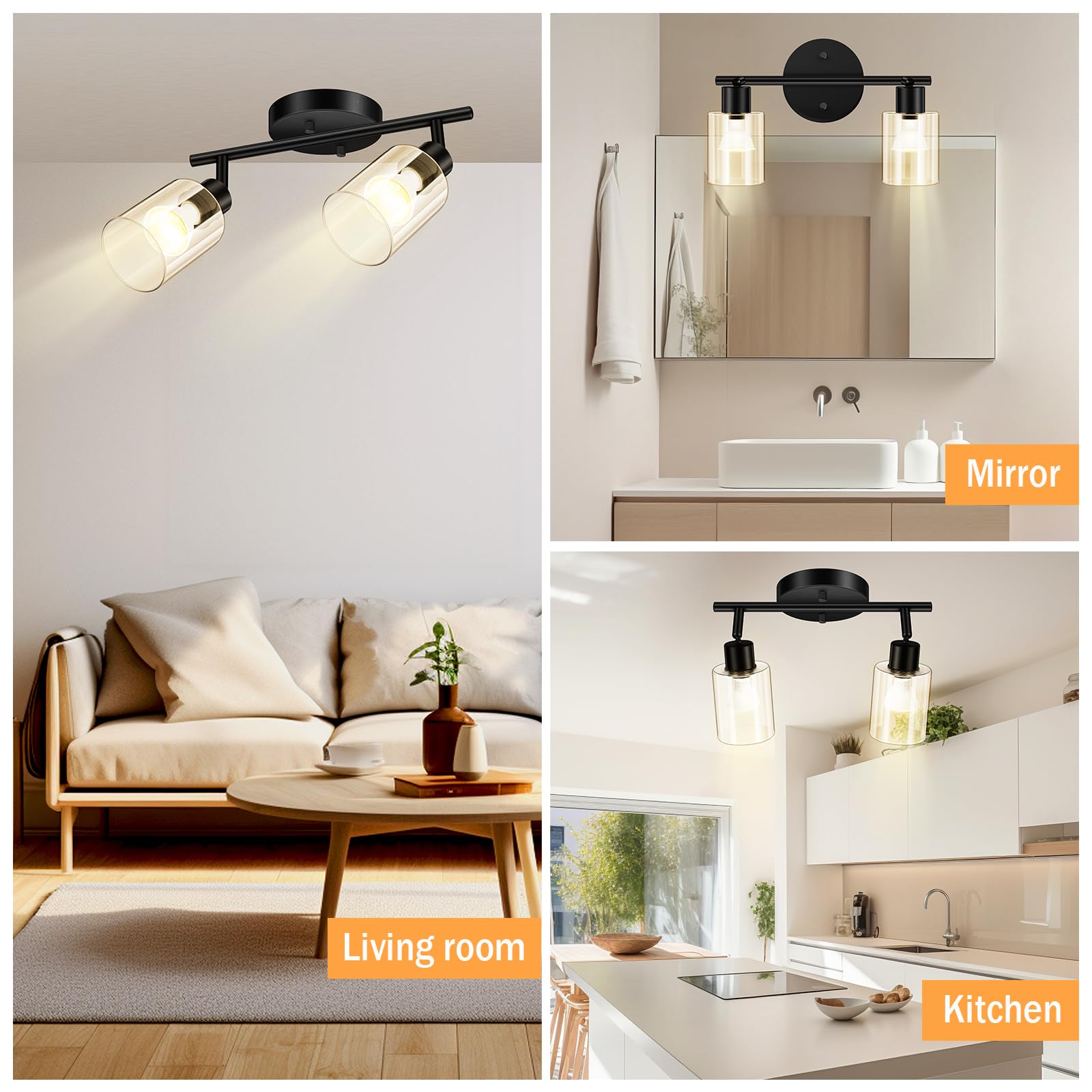 4 Light Led Track Light,Glass Lightshade Track Lighting Kits,4 Way Modern Ceiling Spot Lights for Kitchen,Dining Room,Bedroom,Hallway,Flexibly Rotatable Light Head,Black,Not GU10 Bulb