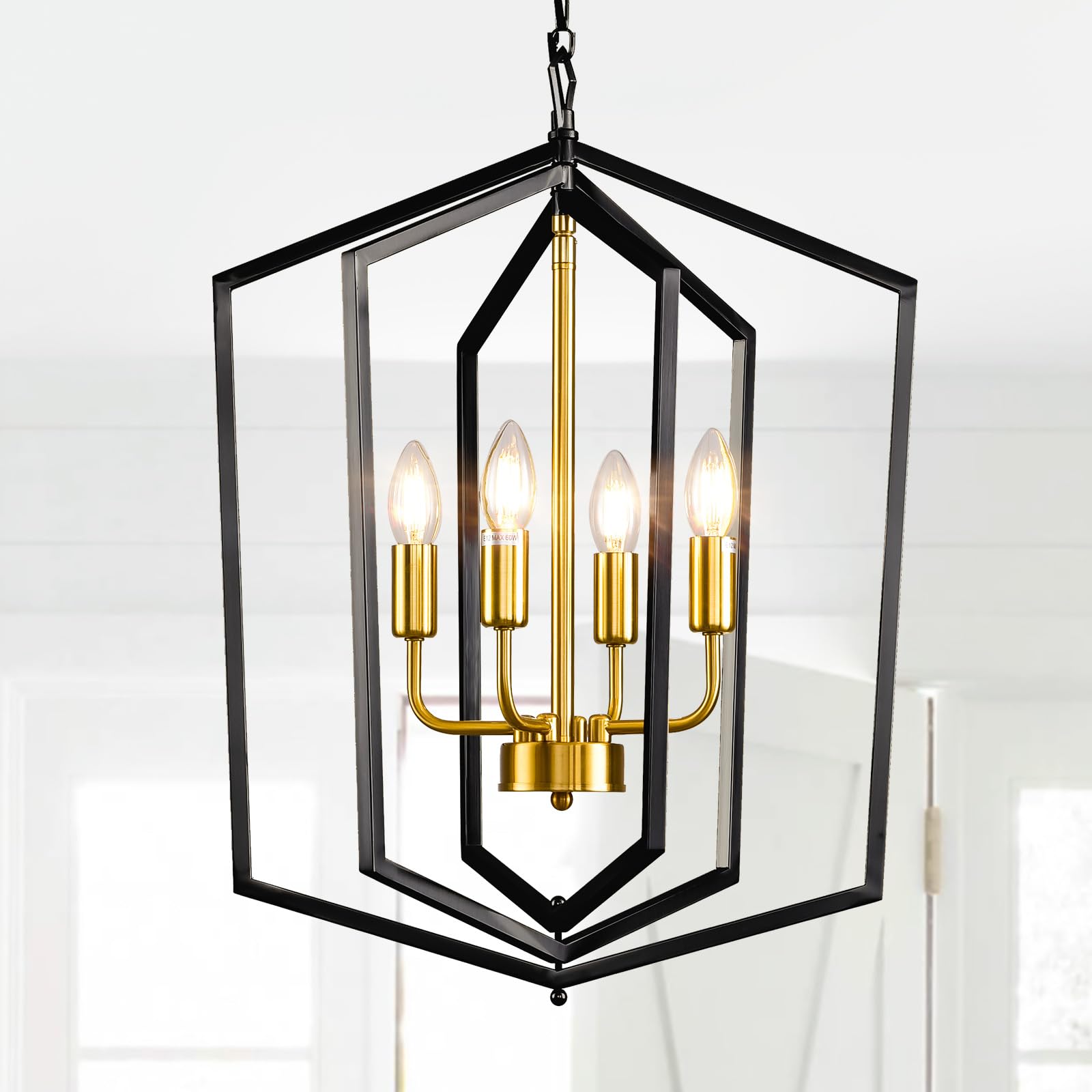 4-Light Lantern Pendant Light, 18.1" Gold Kitchen Pendant Light, Modern Geometric Chandelier, Adjustable Chain Cage Hanging Pendant Light Fixture for Bedroom, Kitchen Island, Foyer, Entrance