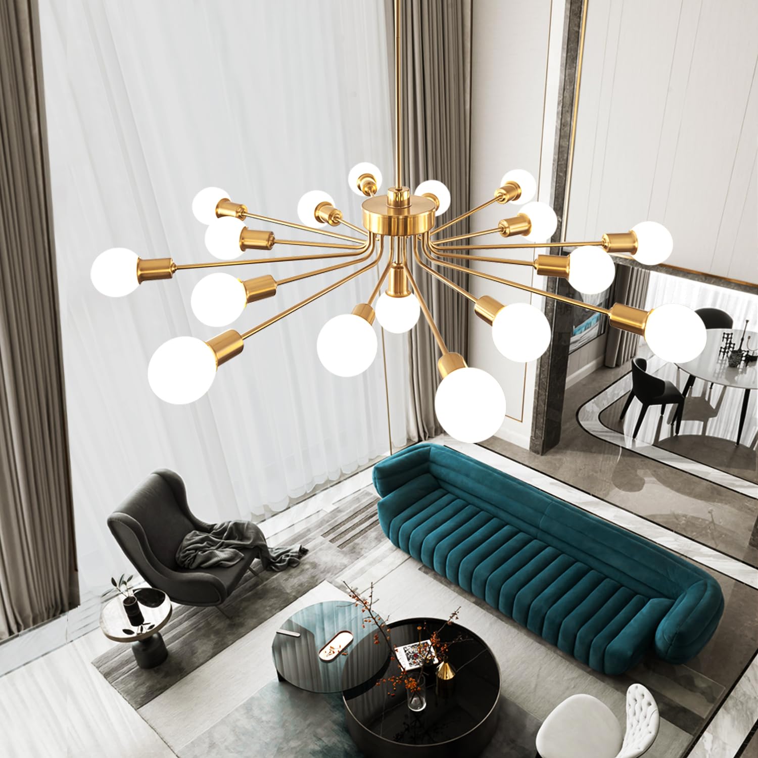 13 Lights Gold Chandelier，Sputnik chandelie，mid Century Chandeliers，Dining Room high Ceiling Chandelier，Living Room Bedroom Large Chandeliers for high Ceilings Island Chandelier Light