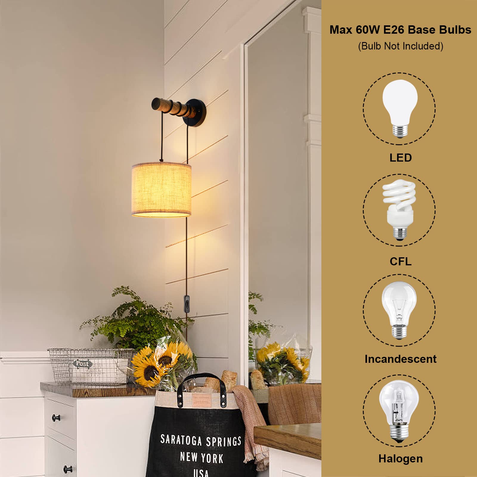 Wall Sconces Set of Two, Plug in Sconces Wall Lighting with Fabric Shade, Farmhouse Wall Lamps with Plug in Cord, Rustic Wall Lights with Wood Arm and On/Off Switch for Bedroom, Living Room