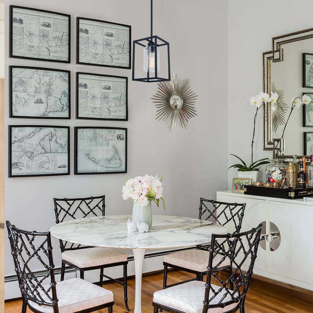 3-Light Black Pendant Light, Modern Farmhouse Seeded Glass Shade Cluster Chandelier Hanging Lamp Fixture for Dining Room Kitchen Island Entryway Black and Gold