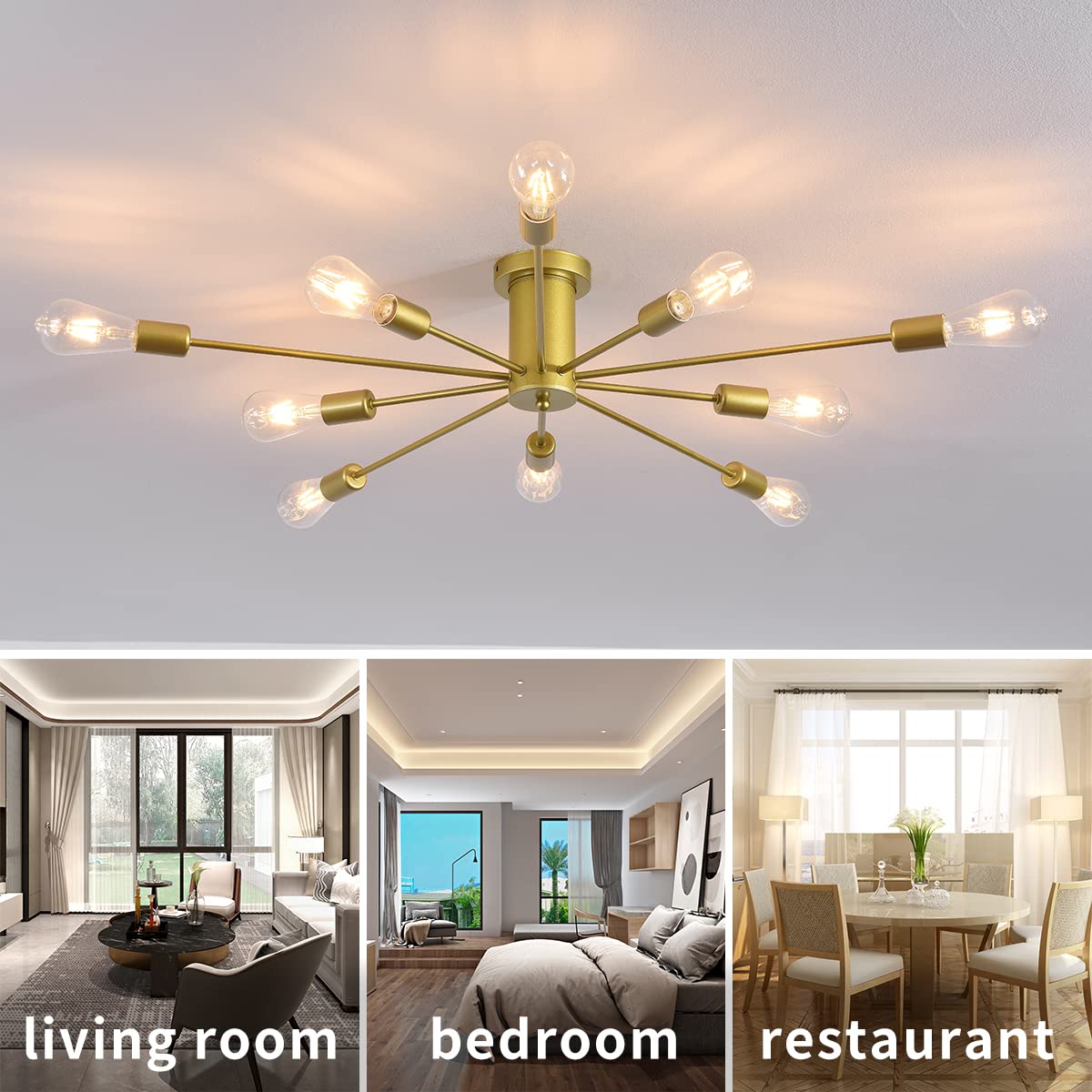 10 Lights Modern Sputnik Ceiling Chandelier Gold Industrial Ceiling Lamp Mid Century Semi Flush Mount Ceiling Light Fixture for Kitchen Dining Room Living Room Bedroom Foyer Lighting