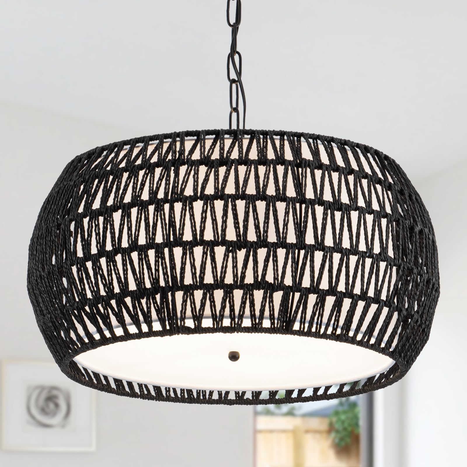 4-Light Rattan Semi Flush Mount Ceiling Light, 15" Boho Light Fixture with Hand-Woven Rattan Shade in Quatrefoil Shape, Farmhouse Boho Chandelier Wicker Light Fixture for Kitchen Bedroom Foyer