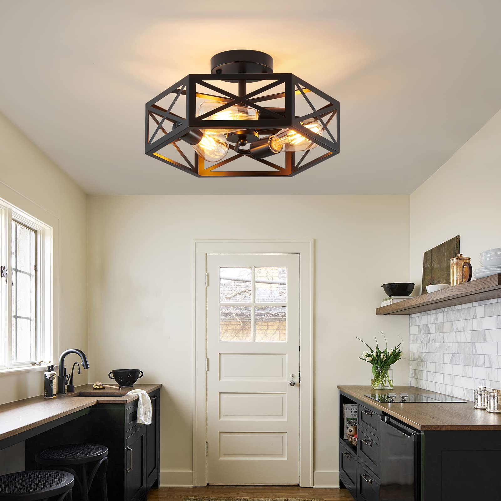 Semi Flush Mount Ceiling Light Fixture, Modern Farmhouse 3-Light Black Ceiling Light, Industrial Close to Ceiling Light with Metal Hexagon Cage Ceiling Lamp for Kitchen, Hallway, Bathroom