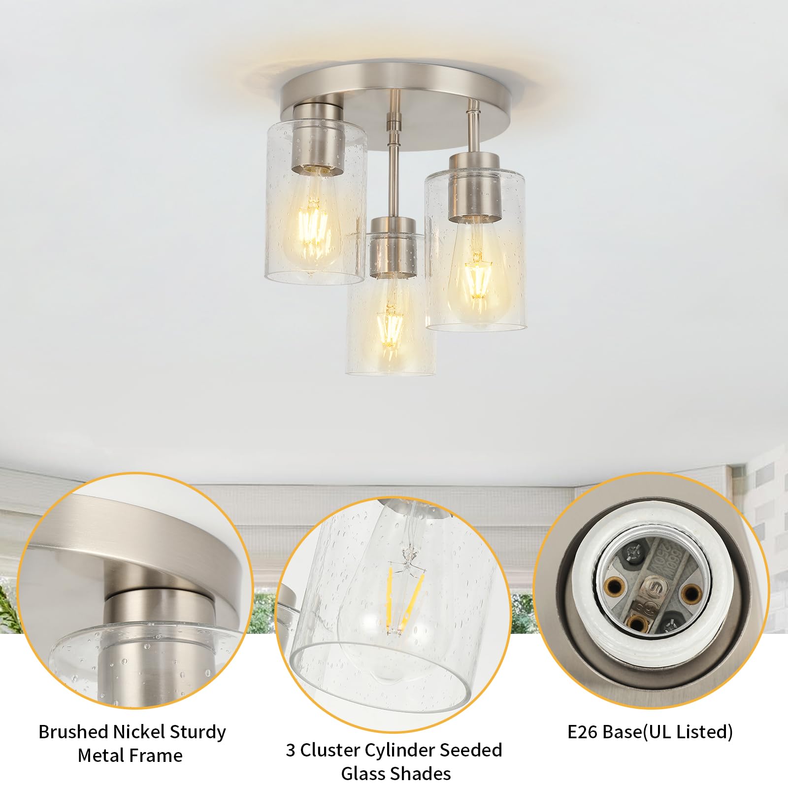 Semi Flush Mount Ceiling Light 3-Light Brushed Nickel Flush Mount Ceiling Light Fixtures with Clear Glass Shade, Modern Kitchen Ceiling Light for Bedroom Stairs Porch Hallway Entryway