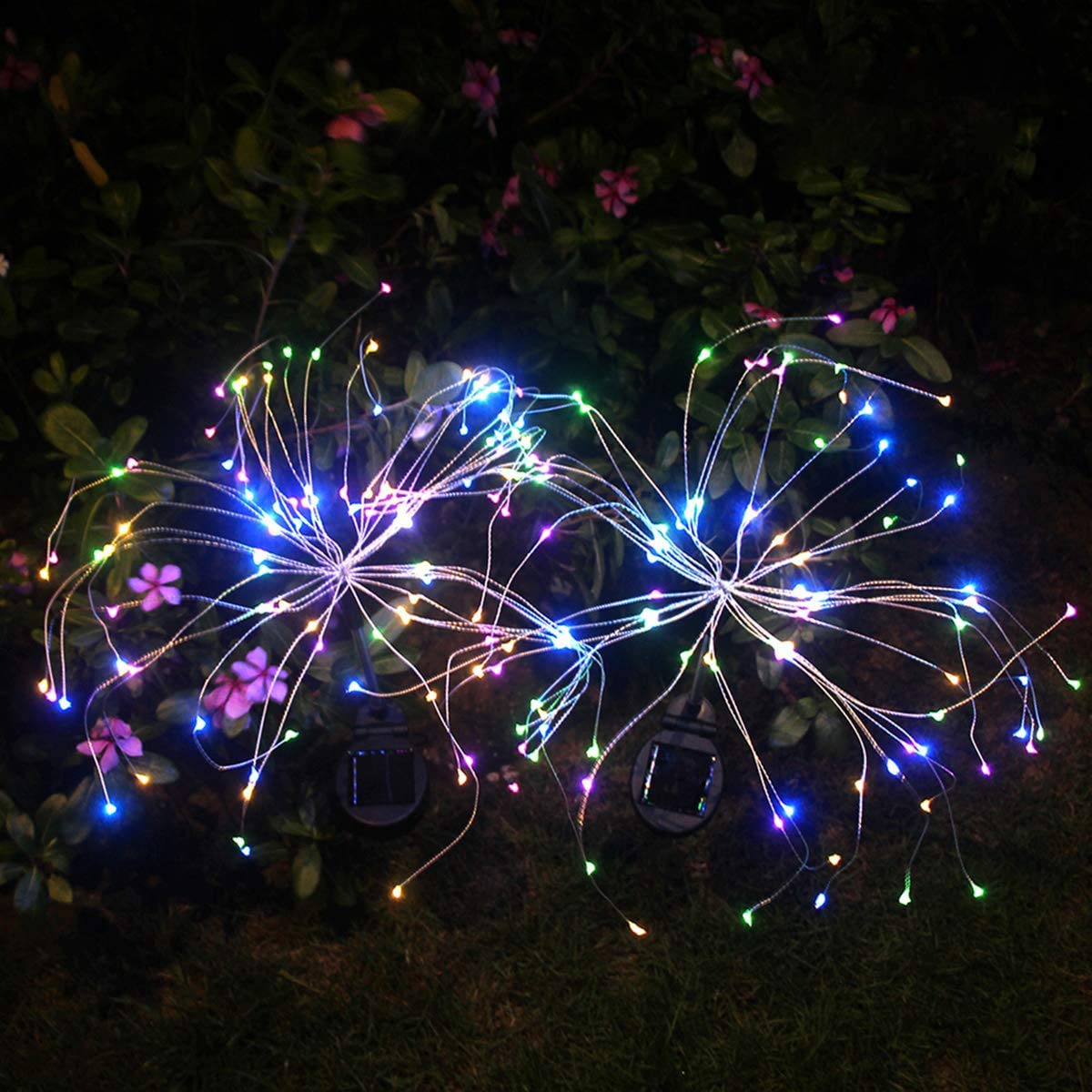 Outdoor Solar Garden Lights，105 LED Solar Powered Decorative Stake Landscape Light DIY Flowers Fireworks Stars for Walkway Pathway Backyard Christmas Party Decor 2 Pack（Mulit-Color）