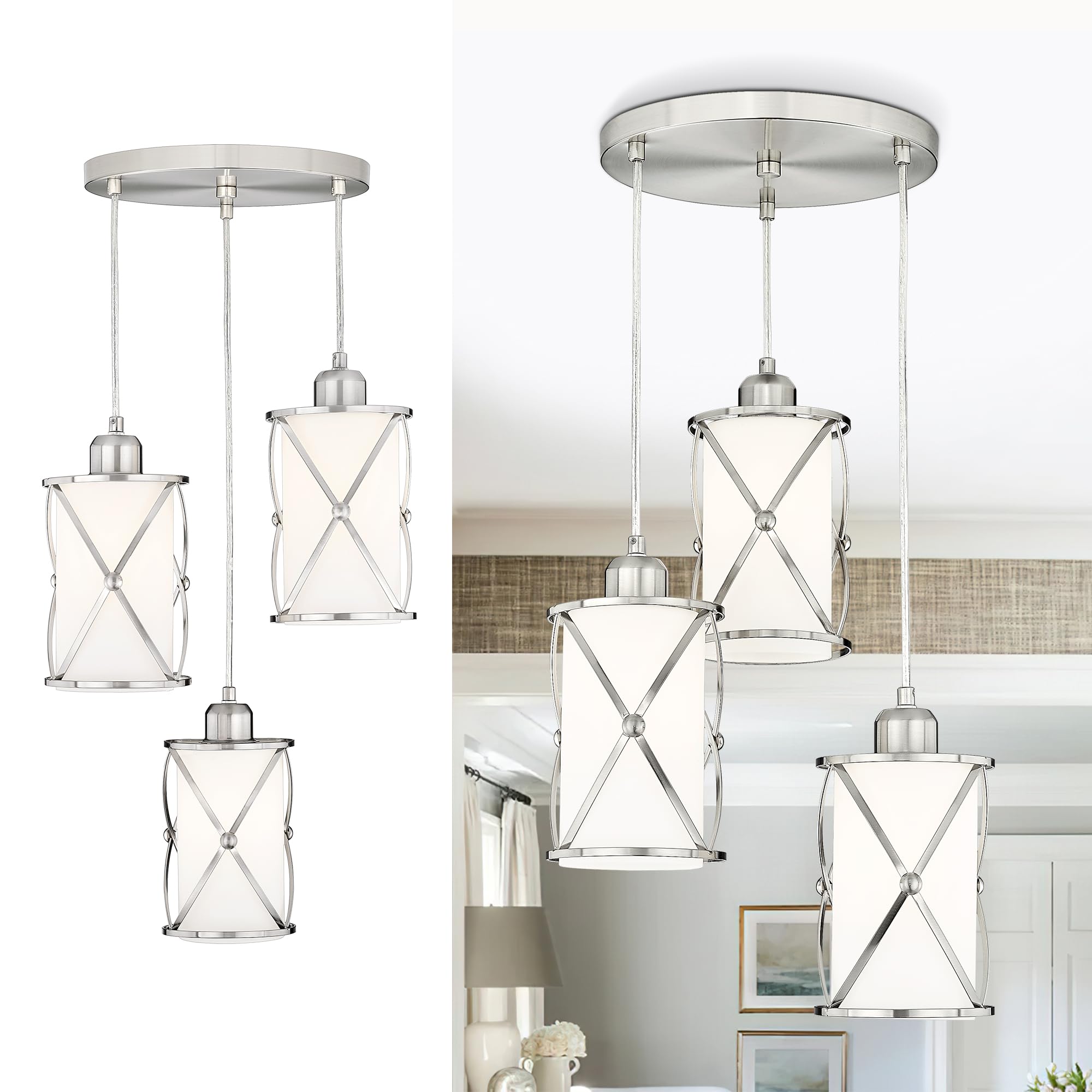 Brushed Gold Pendant Light Fixtures, 3-Light Modern Dining Room Cluster Pendant Light with Milky Glass, Mid Century Cage Hanging Pendant Lighting for Kitchen, Adjustable, CH9176BGW3