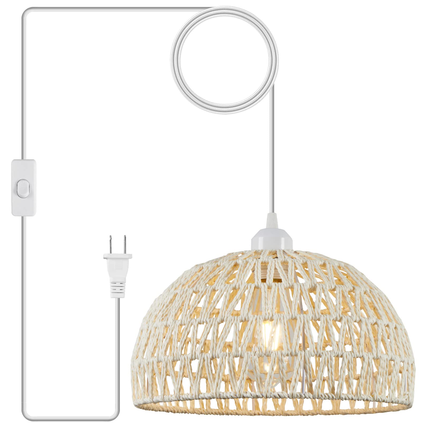 Plug in Pendant Light Rattan Hanging Lamp with 15 Ft Hemp Rope Cord, Hanging Lights with Plug in Cord, Woven Boho Wicker Basket Lamp Shade Plug in Ceiling Light Fixture for Kitchen Island (Cream)