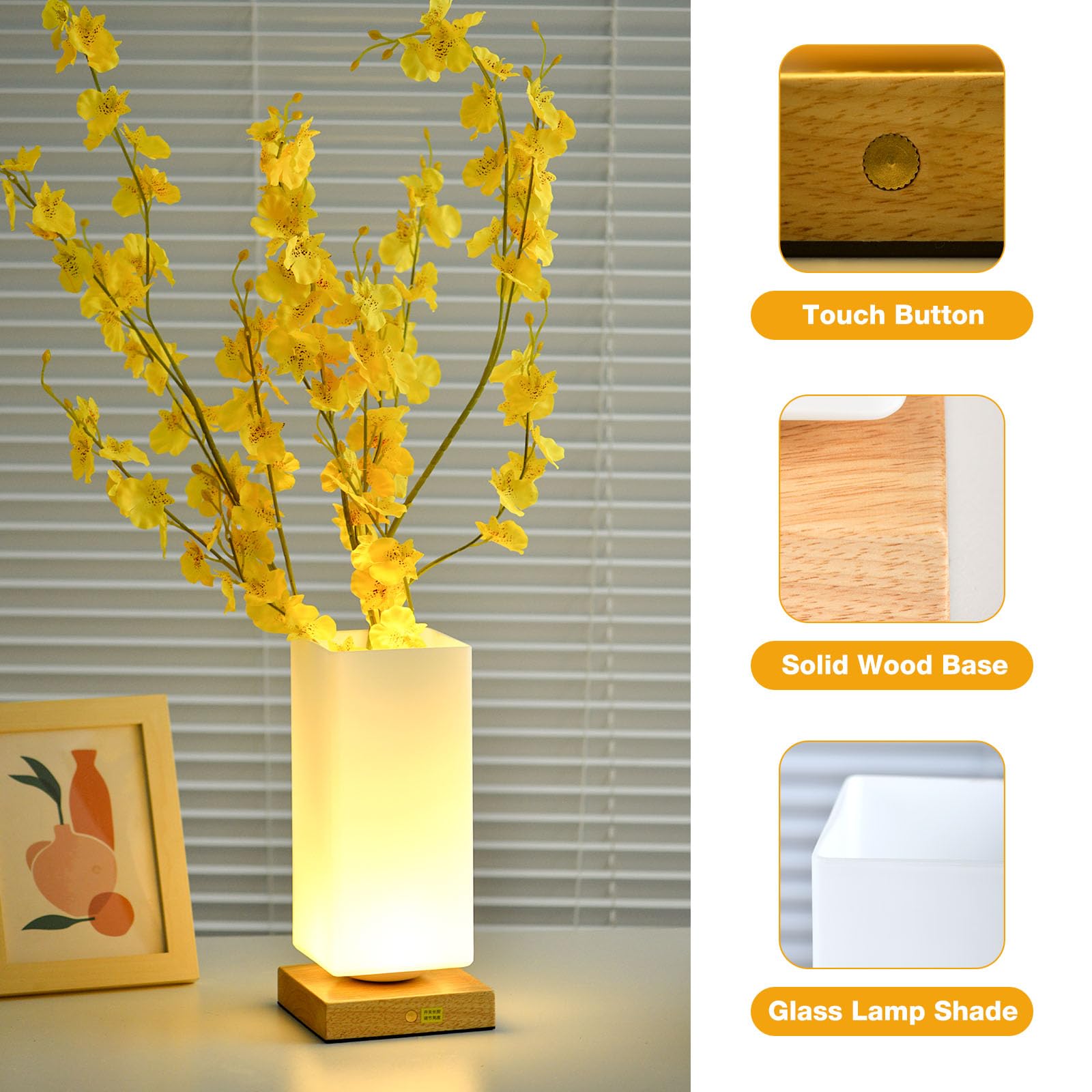 Vase Lamp Table Lamp USB Charge Flower Lamp Vase Table Lamp Dimmable Bedside Lamp Frosted Glass Shade with Wood Base for Bedroom Living Room Office Desk