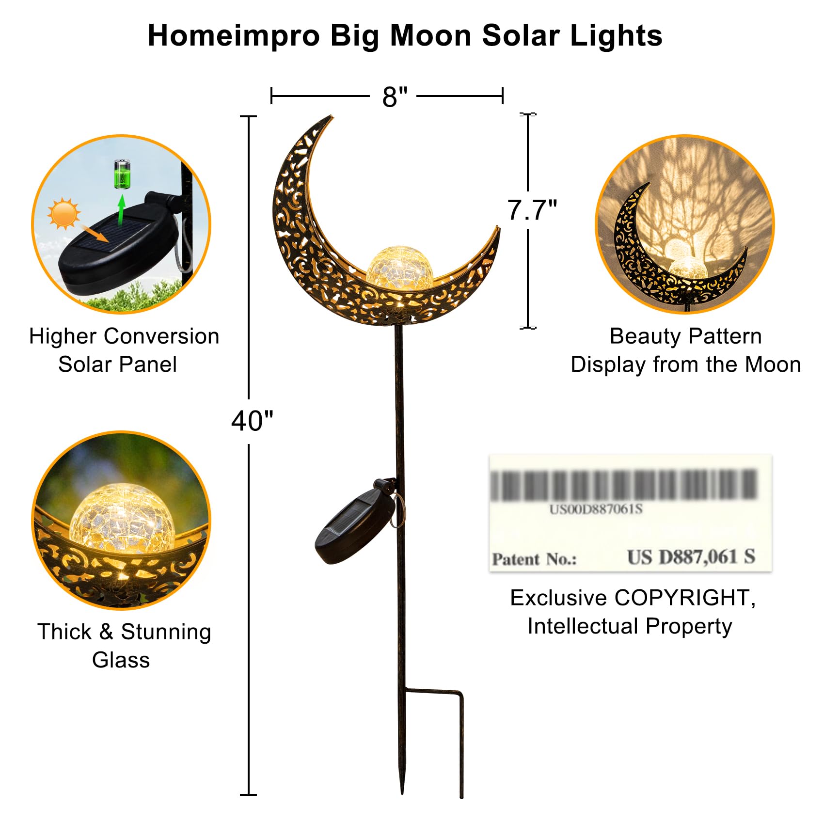 Moon Solar Garden Lights Outdoor Decor Stakes, Waterproof Crackle Glass Metal Lights for Lawn, Patio Accessory, Backyard Decorations Garden Birthday Gifts Mom Grandma (Bronze)