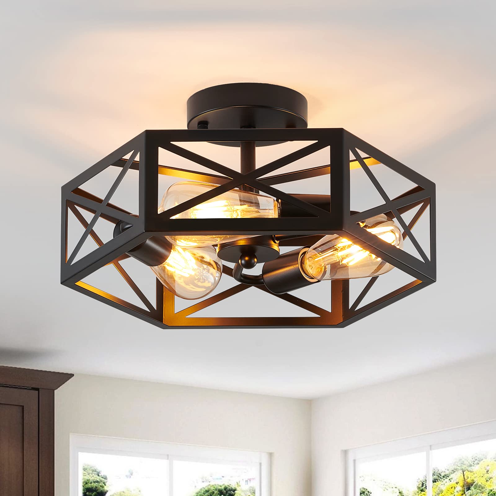 Semi Flush Mount Ceiling Light Fixture, Modern Farmhouse 3-Light Black Ceiling Light, Industrial Close to Ceiling Light with Metal Hexagon Cage Ceiling Lamp for Kitchen, Hallway, Bathroom