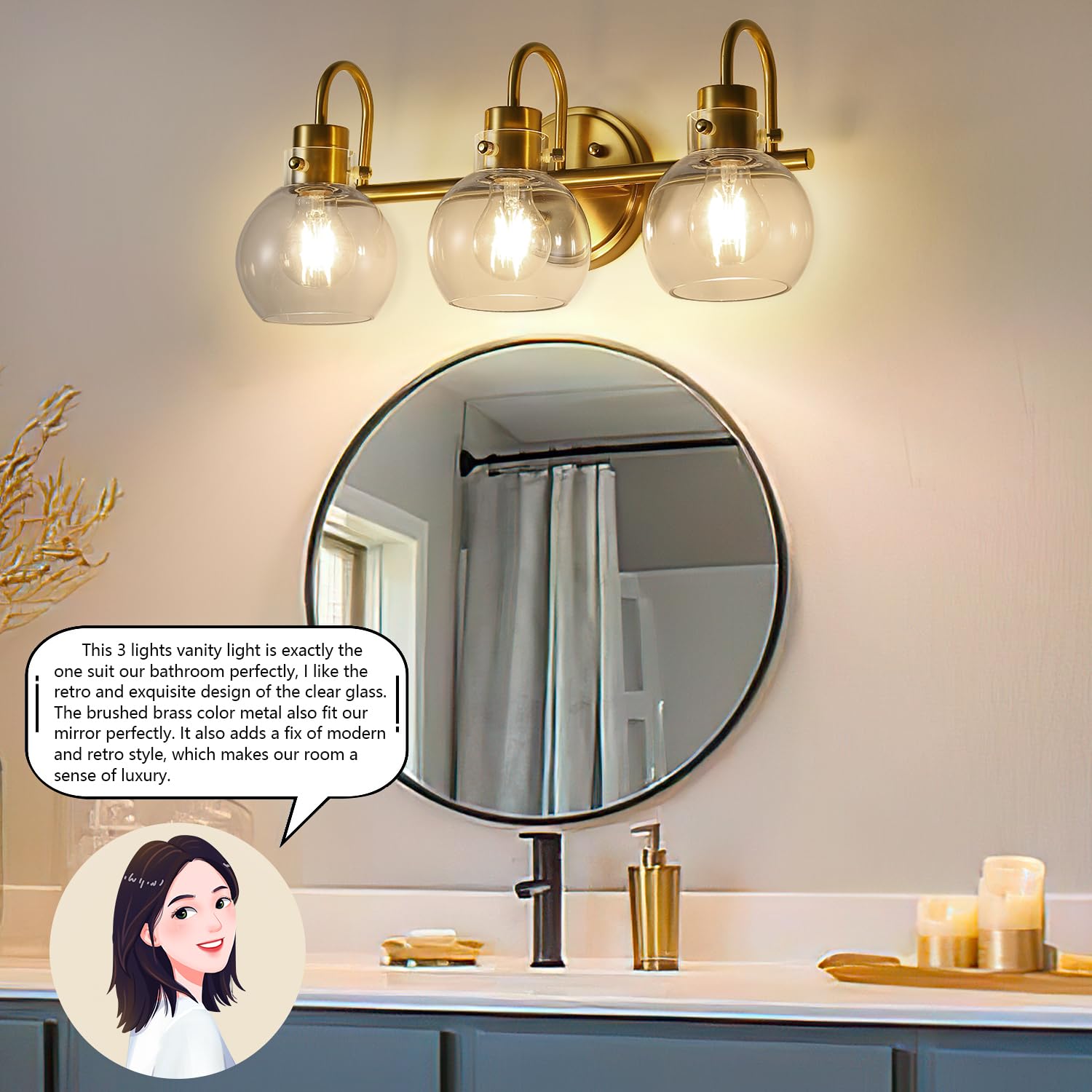 3 Lights Vanity Light, Brushed Nickel Bathroom Light Fixtures, Farmhouse Wall Sconces with Globe Clear Glass Shade, Porch Wall Mount Lamp for Mirror, Kitchen, Porch, Living Room, Workshop (E26 Base)