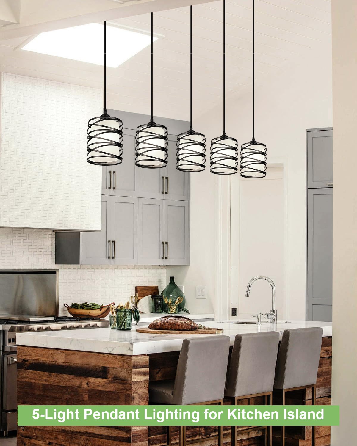 Brushed Nickel Pendant Lights for Kitchen Island, 5-Light Chandelier for Dining Room, Hanging Linear Chandeliers, Modern Dining Room Light Fixtures Pendant Light with Clear Glass Shades