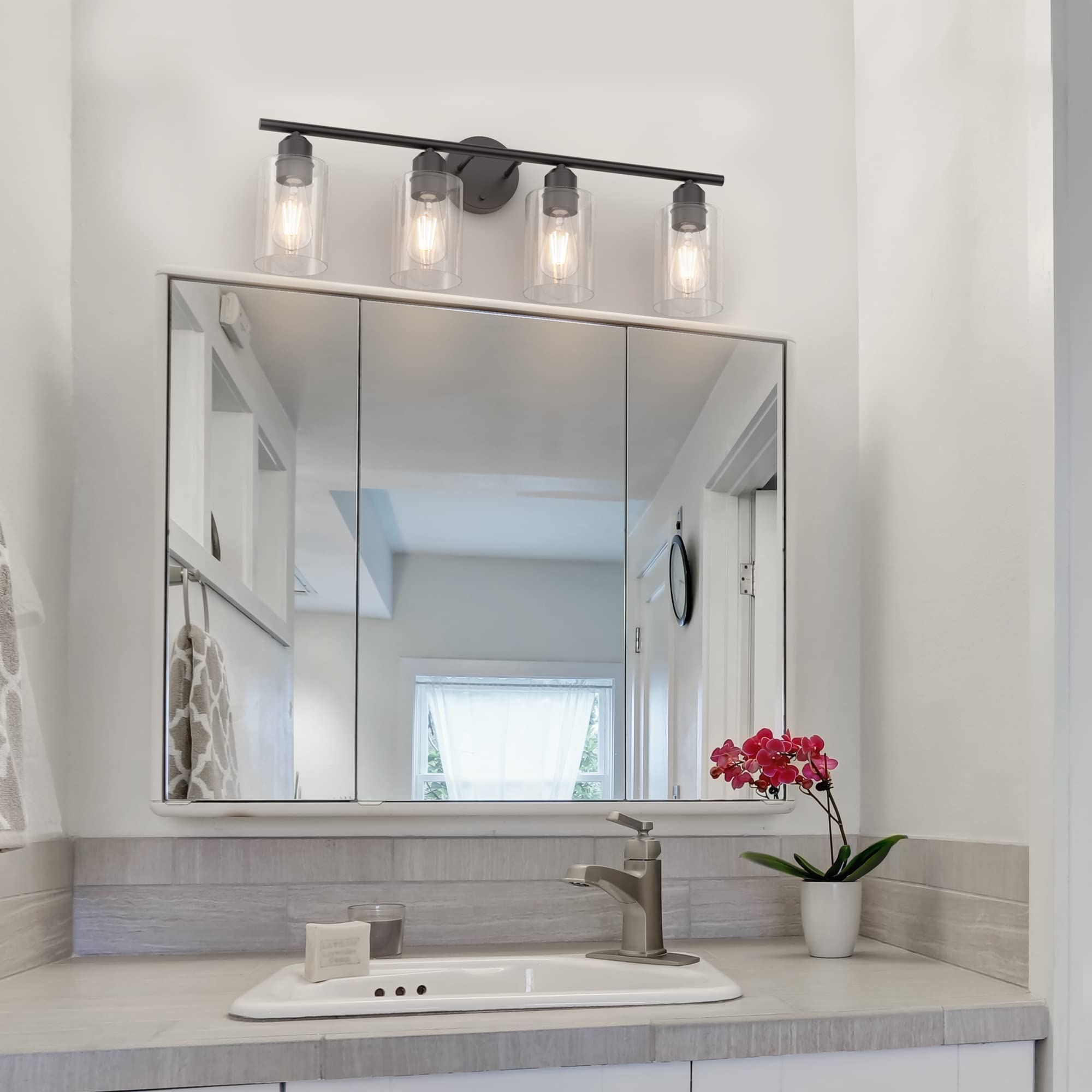 Bathroom Vanity Light Fixtures Matte Black Bathroom Lighting Fixture, 3 Lights Bathroom Light Fixture Over Mirror, Modern Black Vanity Light, UL Certified Wall Sconces with Glass Shades