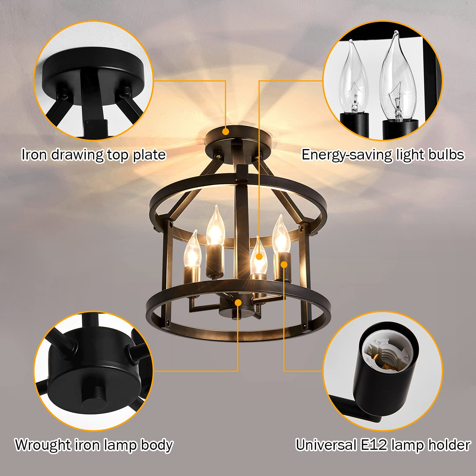 Metal Semi Flush Mount Ceiling Light Fixture 4 Candle Holder Matte Chandelier Farmhouse Ceiling Lamp for Dining Room Bedroom Kitchen Hallway Entryway（Black）