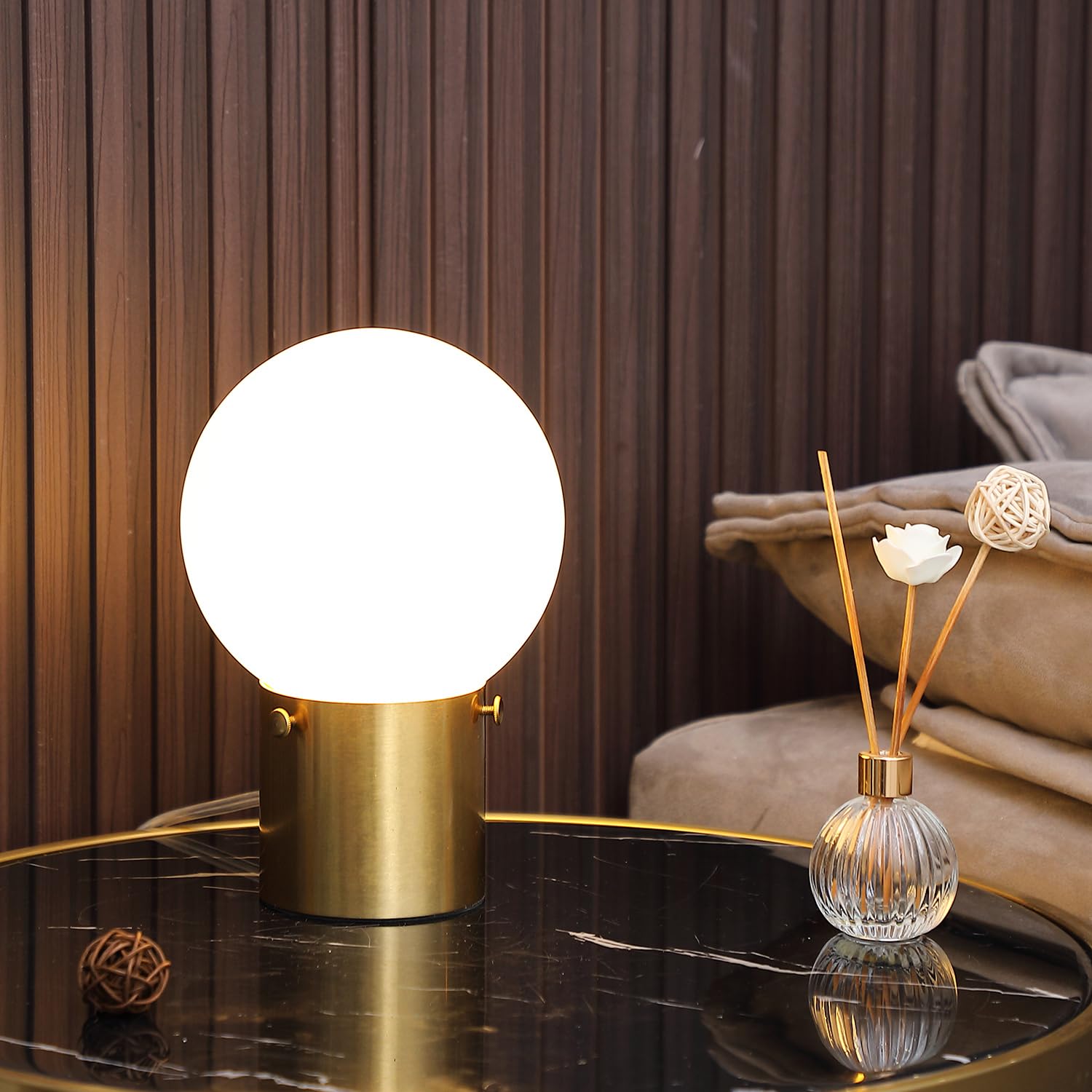 Gold Table Lamp for Nightstand with Frosted Glass Globe Lamp Shade, Mid Century Modern Bedside Lamp with Gold Metal Base, Small Nightstand Lamp Side Table Lamp for Bedroom Living Room Entryway