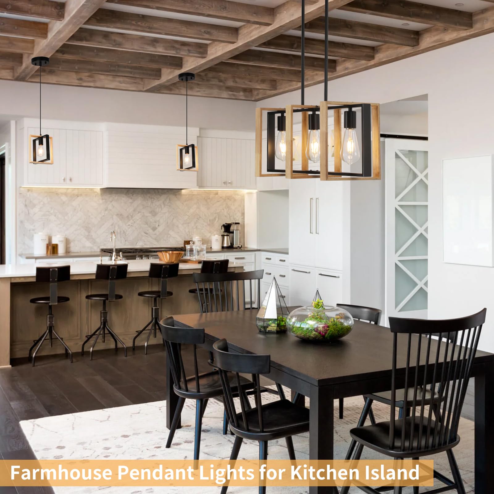 Farmhouse Kitchen Island Lighting Black Pendant Light Fixtures 4-Light Dining Room Lights Wood Chandelier Adjustable Hanging Pendant Lighting for Kitchen Island