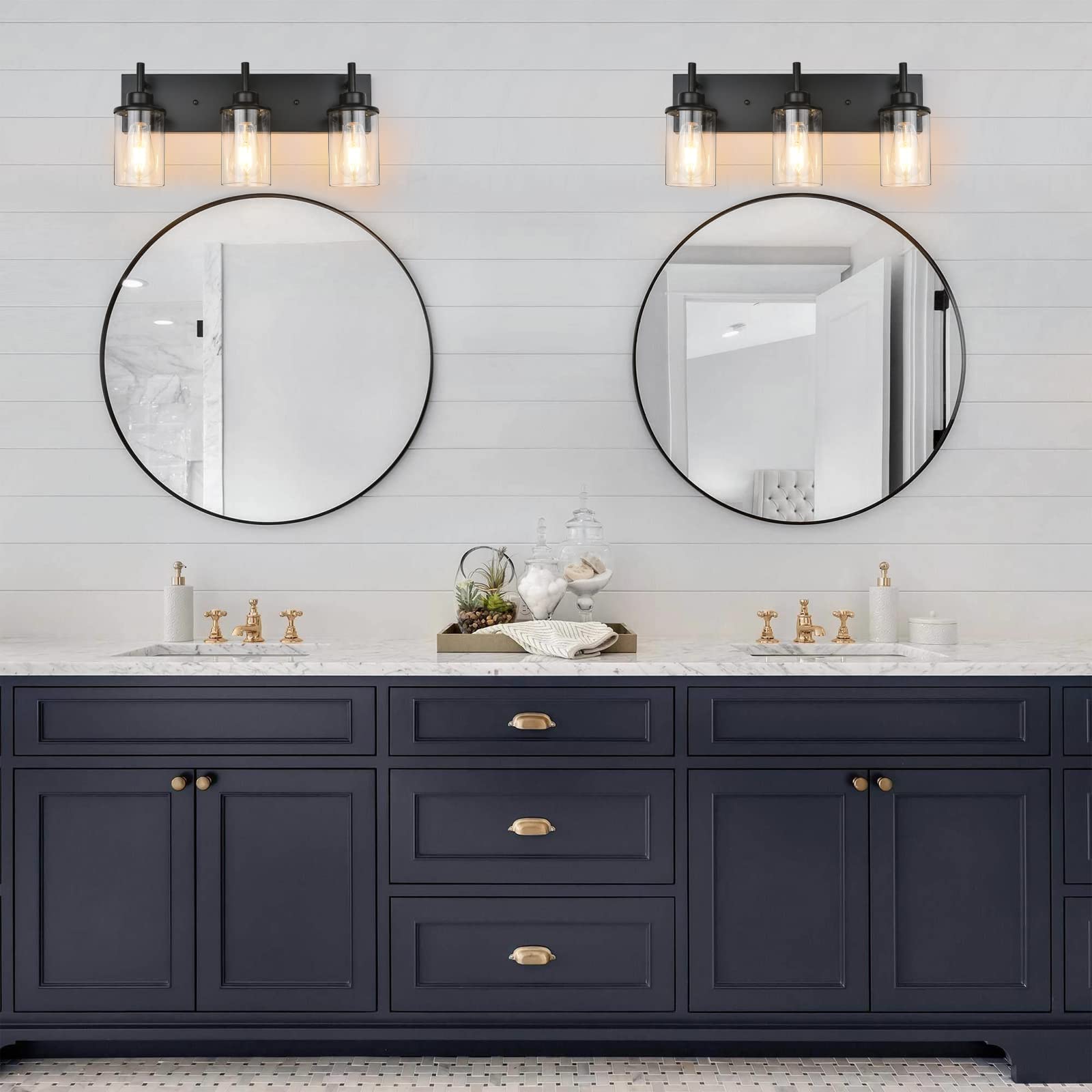 Bathroom Vanity Light Fixtures, 2 Light Wall Sconce Black Vintage Industrial Farmhouse Sconces Wall Lighting with Clear Glass Shade for Bathroom Bedroom Living Room