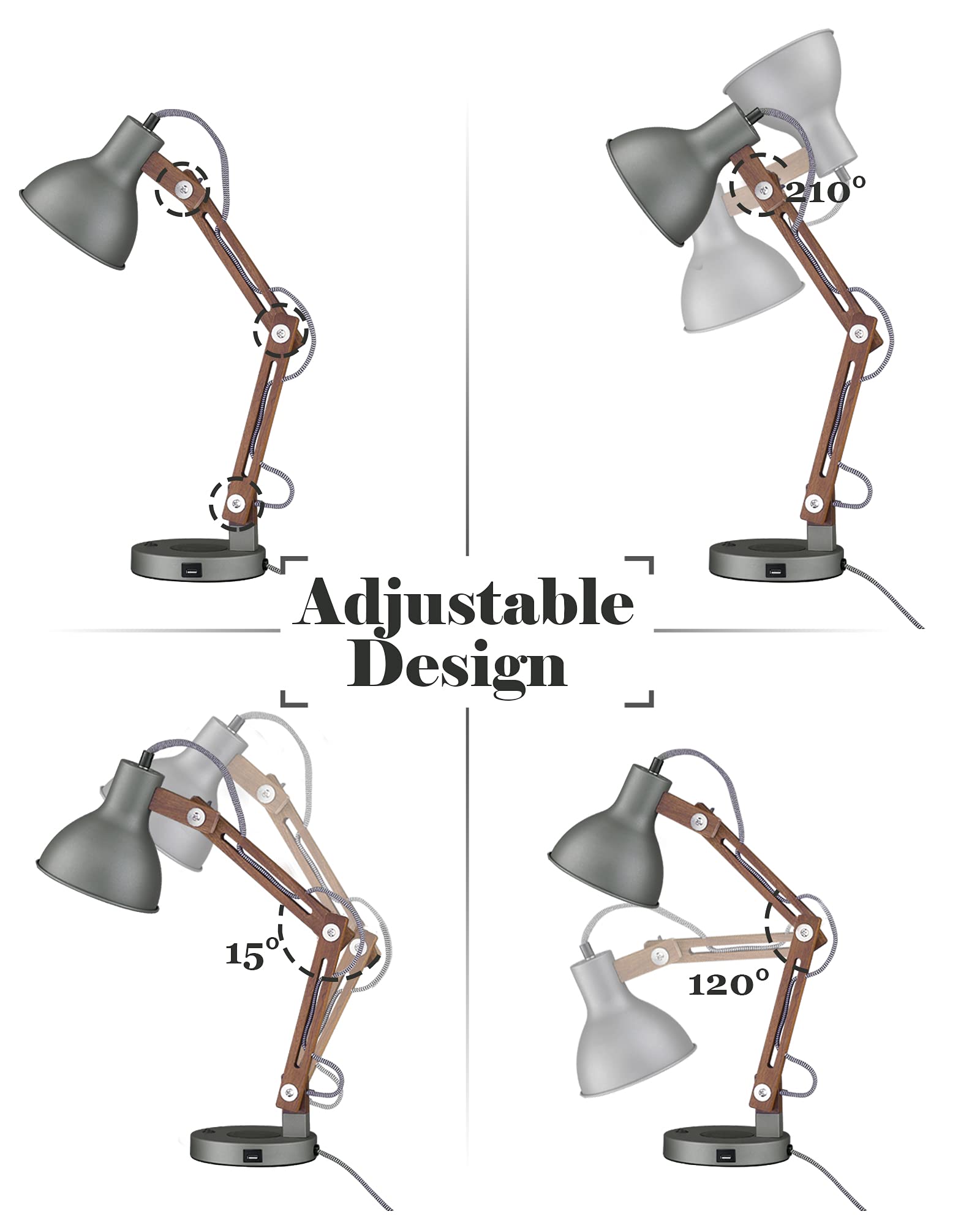 Industrial Table Lamp, Sapele Wood Desk Lamp with Upgraded Wireless Charger & USB C Port, Swing Arm Reading Task Light for Farmhouse, Dorm Office, Bedroom Livingroom, LED Bulb Included, Grey
