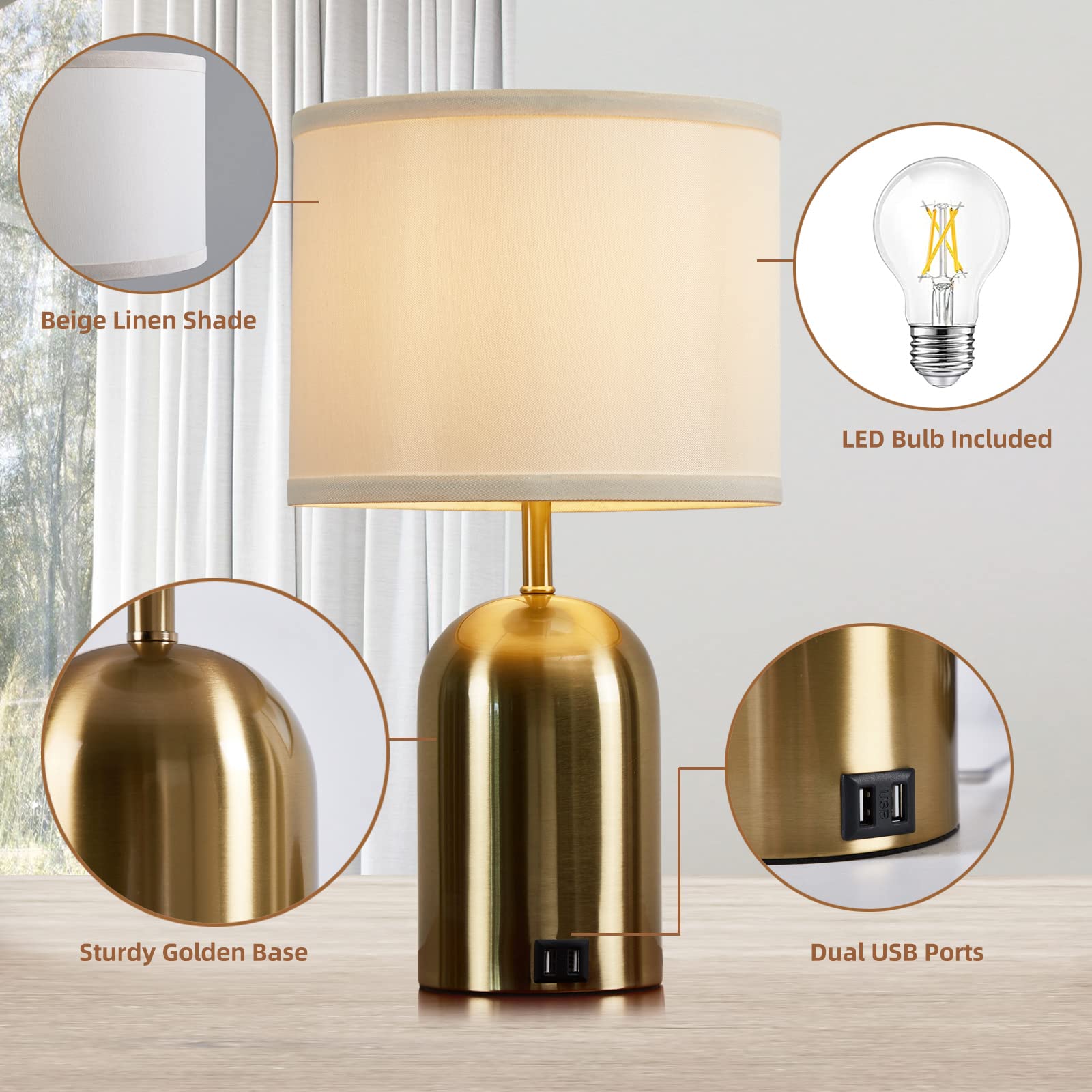 Touch Control Table Lamps Set of 2, Bedside Table Lamps for Bedrooms Set of 2 Modern Living Room 3 Way Dimmable Gold Bedside Lamp for End Table with 2 USB Charging Ports, 2 Bulbs Included