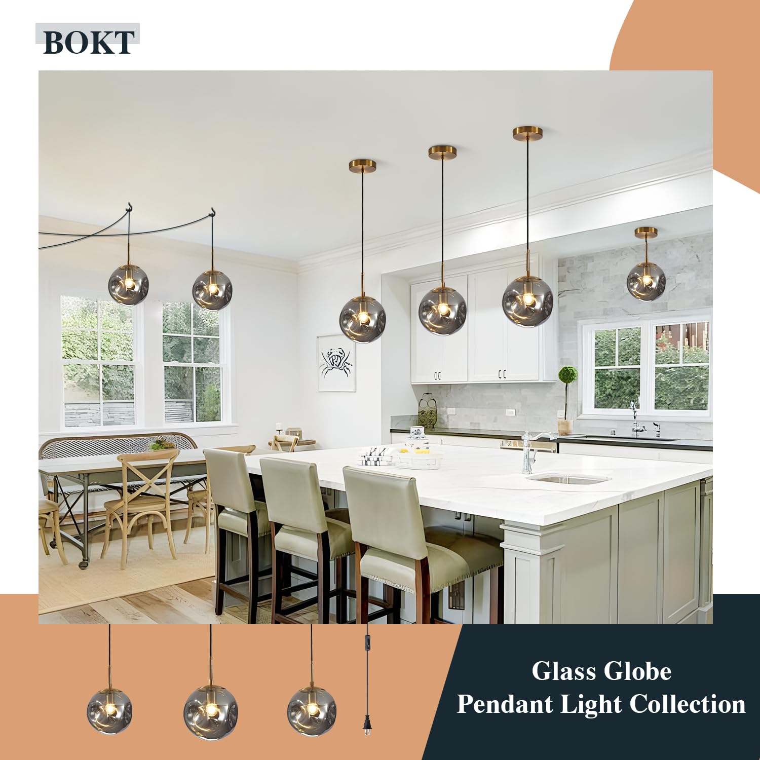 BOKT Modern Gold Kitchen Island Pendant Light Mid Century 3-Lights Globe Pendant Light Fixture Cluster Multi Light Pendant Lighting Bedside Glass Ball Pendant Lamp