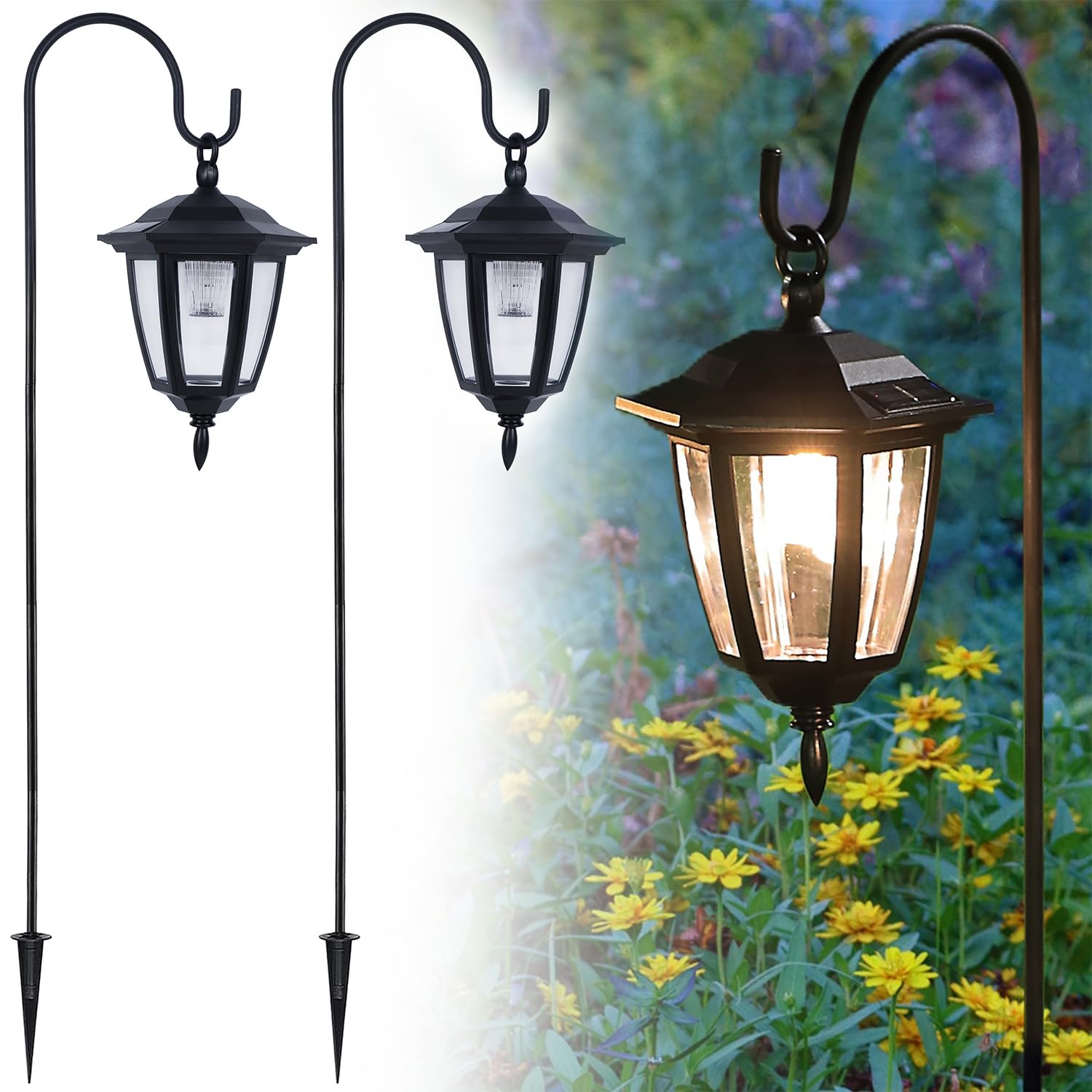 4 Pack Solar Hanging Lights Outdoor, Solar Powered Garden Decorative Lanterns with 4 x 38 Inch Shepherd Hooks, Waterproof Landscape Lighting for Lawn Patio Yard Pathway Driveway, Warm White