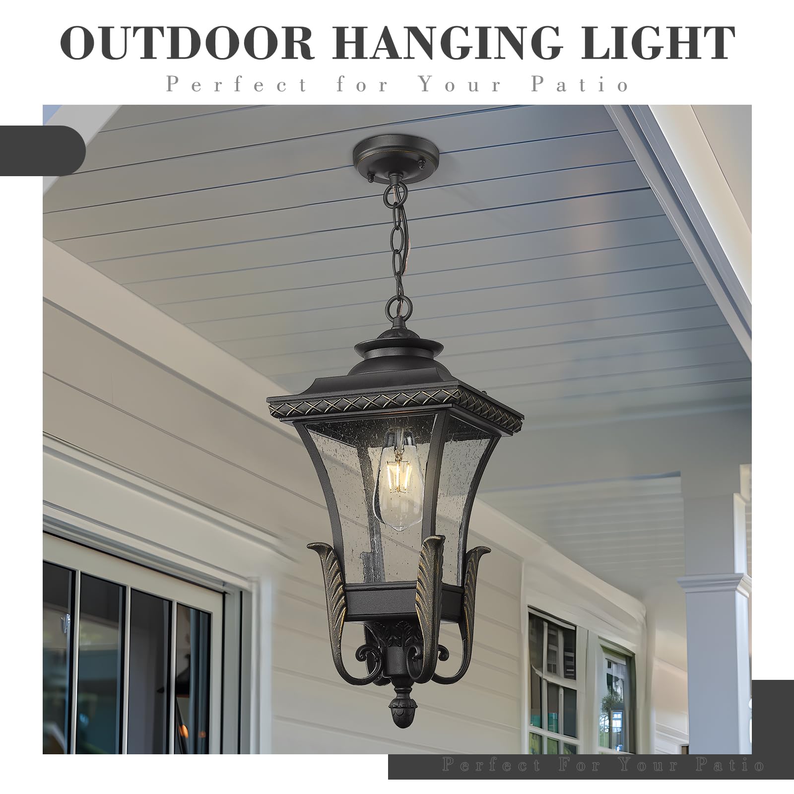 Farmhouse Outdoor Pendant Light for Porch, Outdoor Hanging Lamp for Patio Waterproof with Seeded Glass, Adjustable Height, XE291HM BG