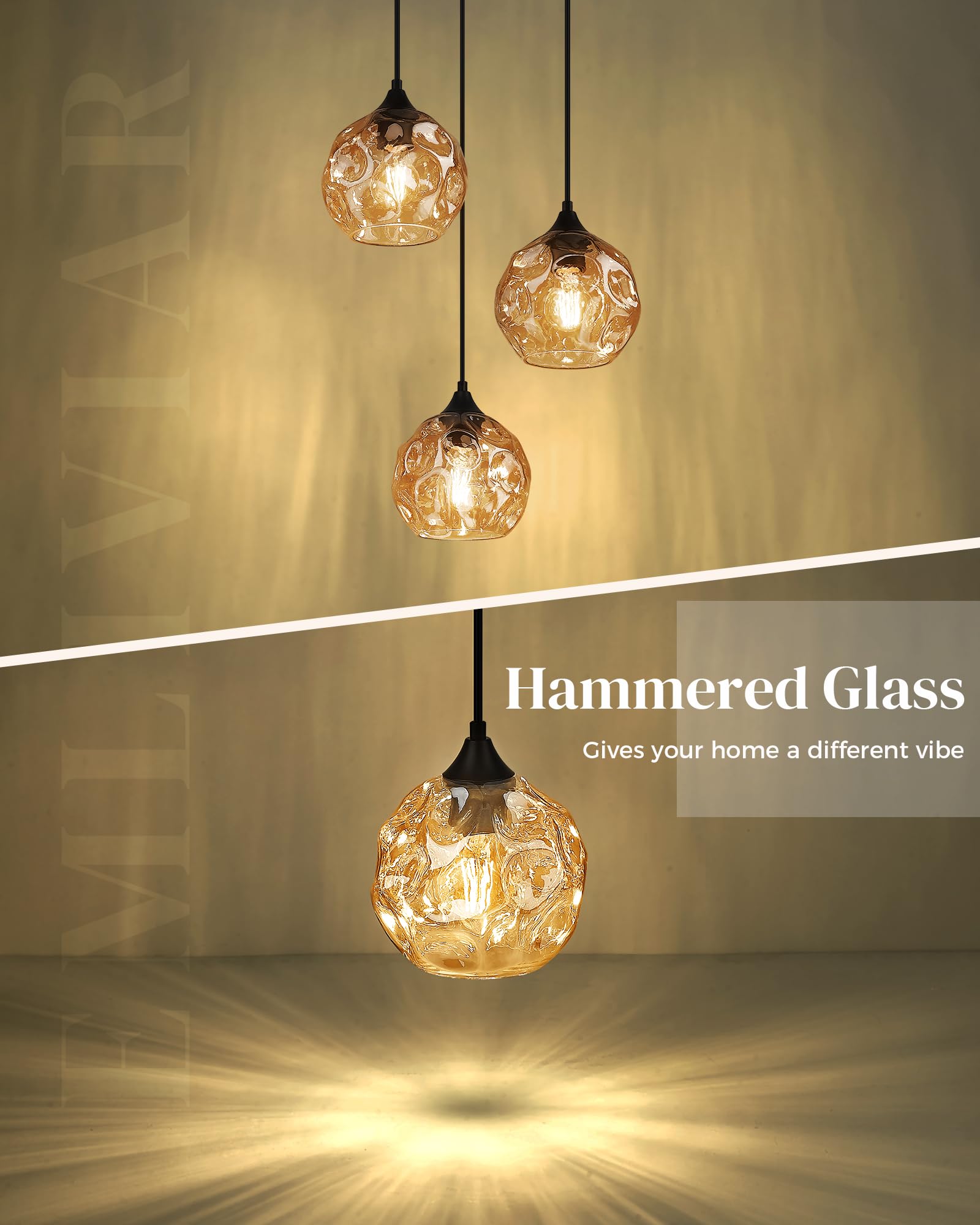 3-Light Cluster Pendant Lamp with Hammered Glass, Linear Barn Hanging Pendant Lighting for Dining Room in Amber Finish, DYE287G2-3 BK