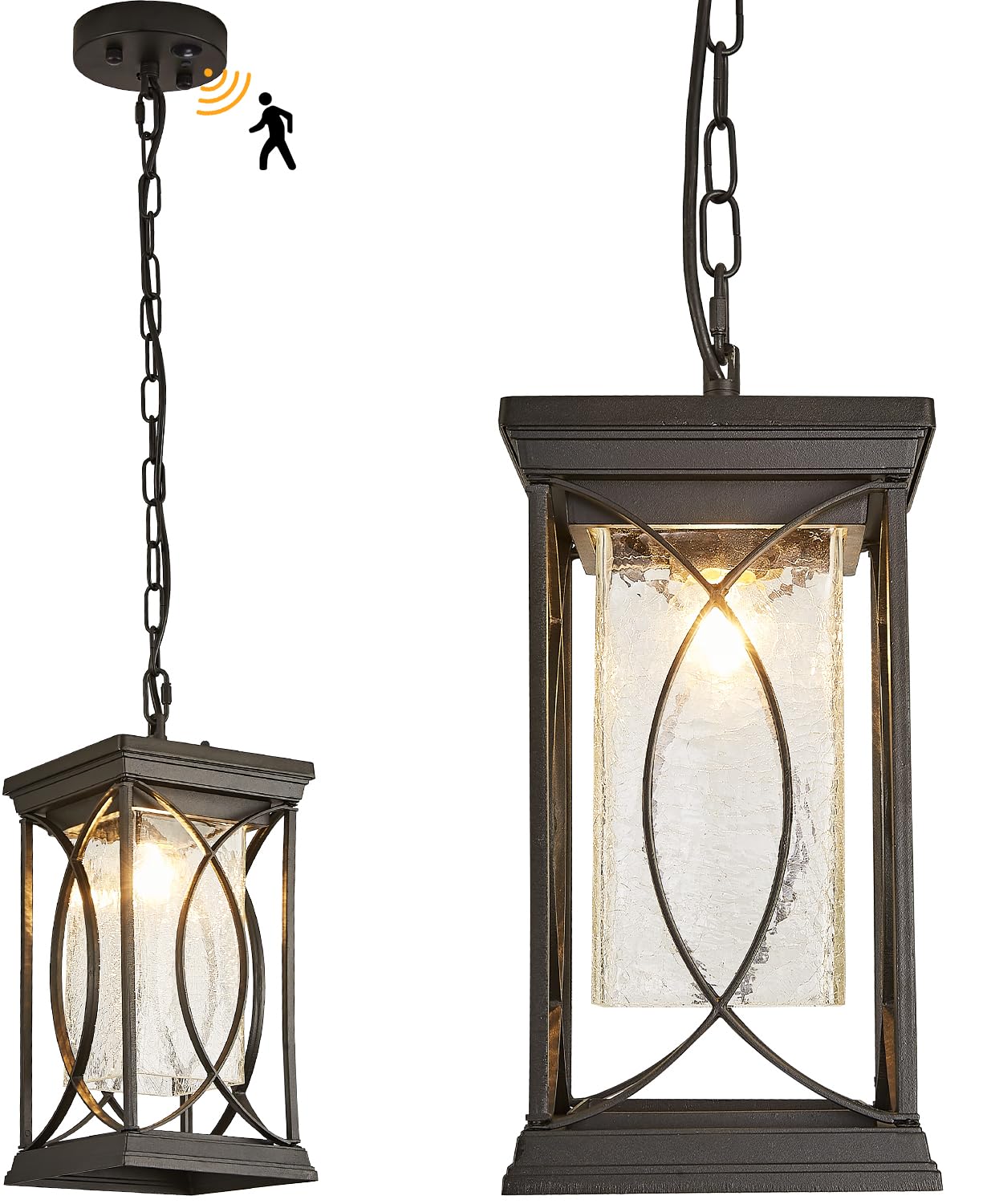 Outdoor Pendant Light Fixtures Dusk to Dawn Exterior Ceiling Hanging Lantern for Porch, Modern Black Outside Chandelier Light with Crack Glass for Front Door Porch Gazebo Foyer Entryway