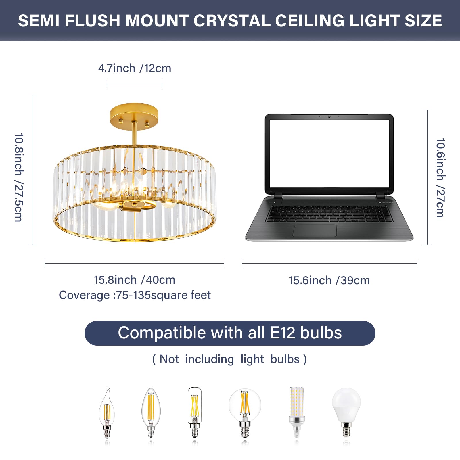 Modern Gold Semi Flush Mount Ceiling Light Crystal Hallway Light Fixture Metal Close to Ceiling Lamp for Kitchen Living Room Bathroom Entryway Bedroom