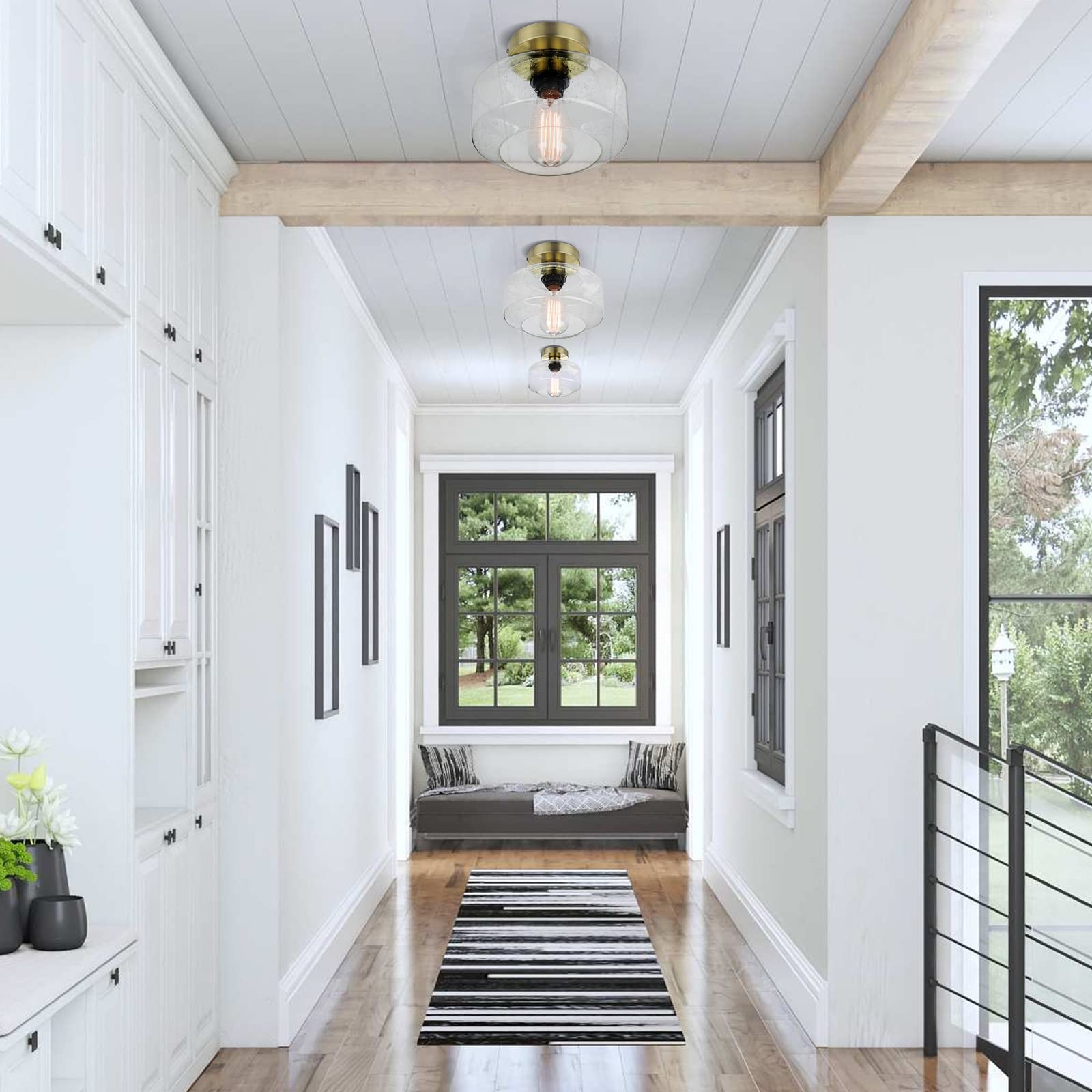 Industrial Semi-Flush Mount Ceiling Light Fixture, Modern Seeded Glass Pendant Lamp, Black Farmhouse Hanging Lighting for Bedroom Hallway