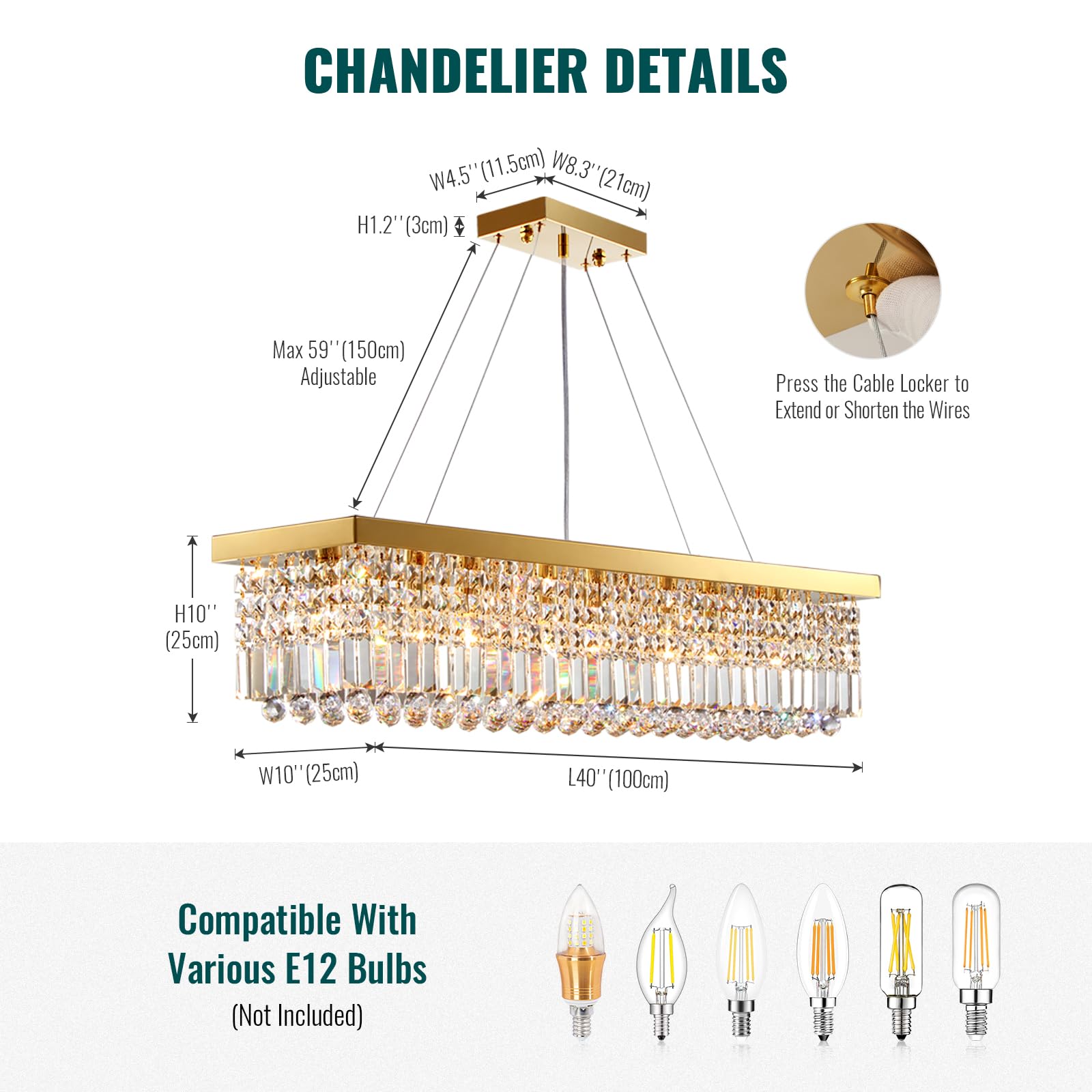 6-Light Modern Crystal Chandelier Rectangular Gold K9 Crystal Raindrop Chandelier for Dining Room, Luxury Adjustable Ceiling Pendant Light for Living Room Kitchen Island L31.5'' x W10'' x H10''